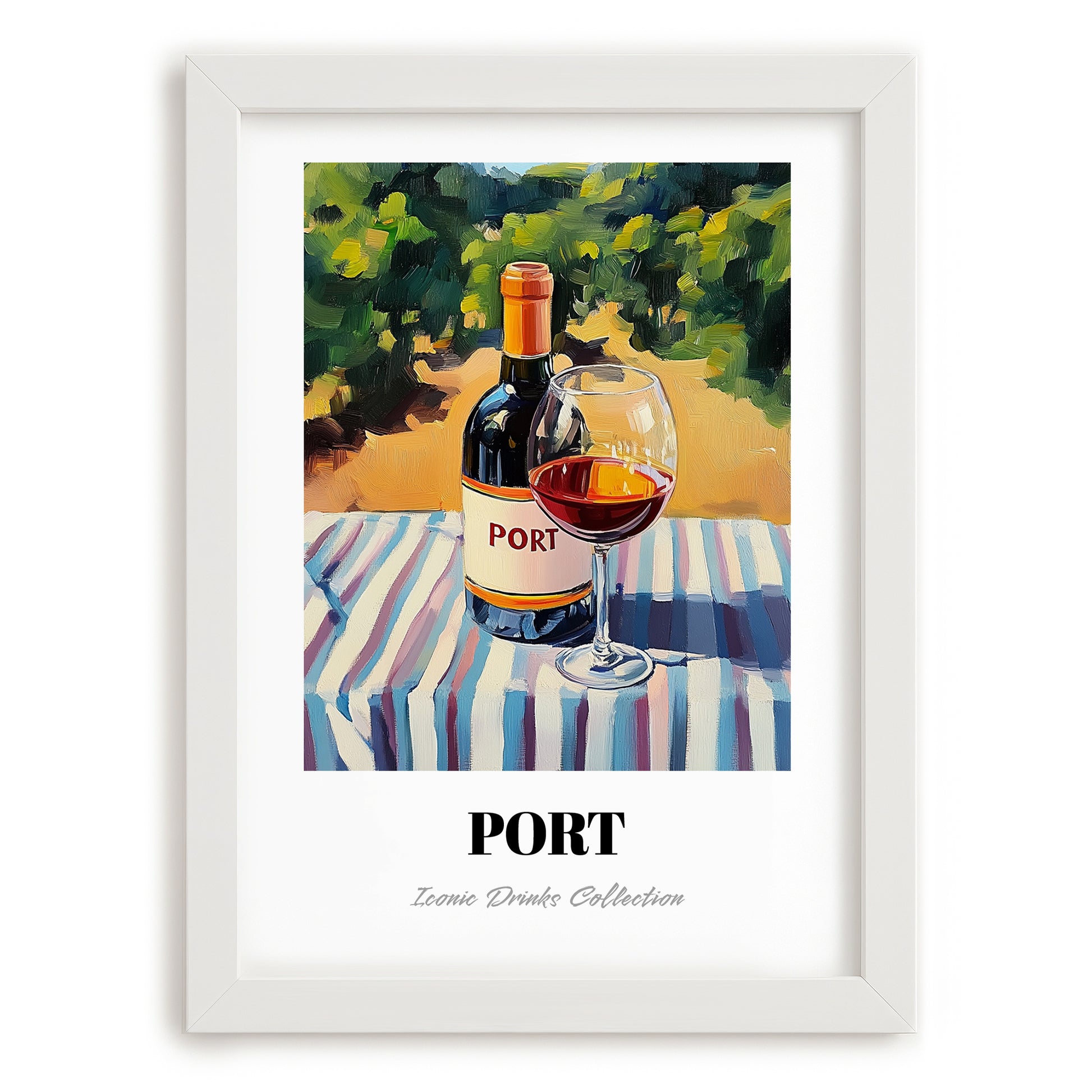 Port – Portuguese Hillside Café View, Portuguese Dessert Wine Wall Art, placed in minimal white frame
