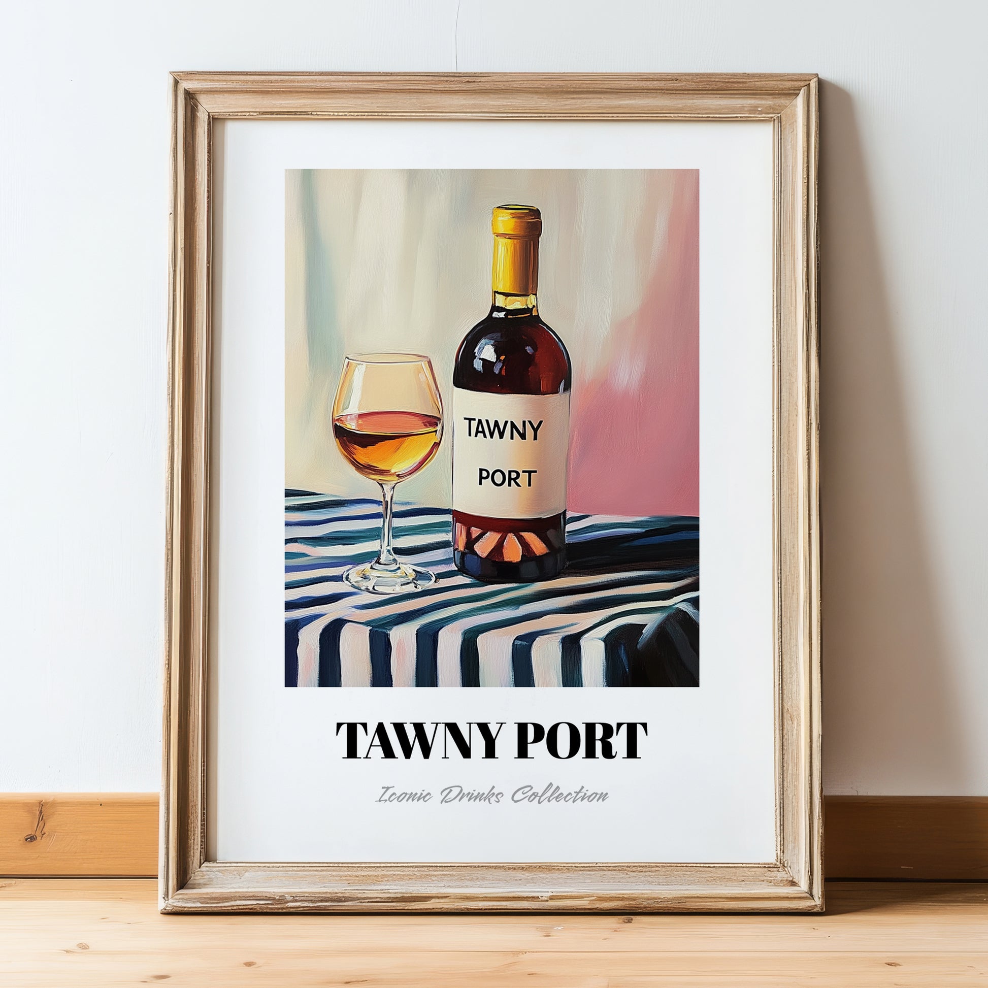 Tawny Port – on Striped Tablecloth, Portuguese Dessert Wine Wall Decor, in wooden frame leaning on the floor