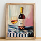Tawny Port – on Striped Tablecloth, Portuguese Dessert Wine Wall Decor, no-text version framed in wood