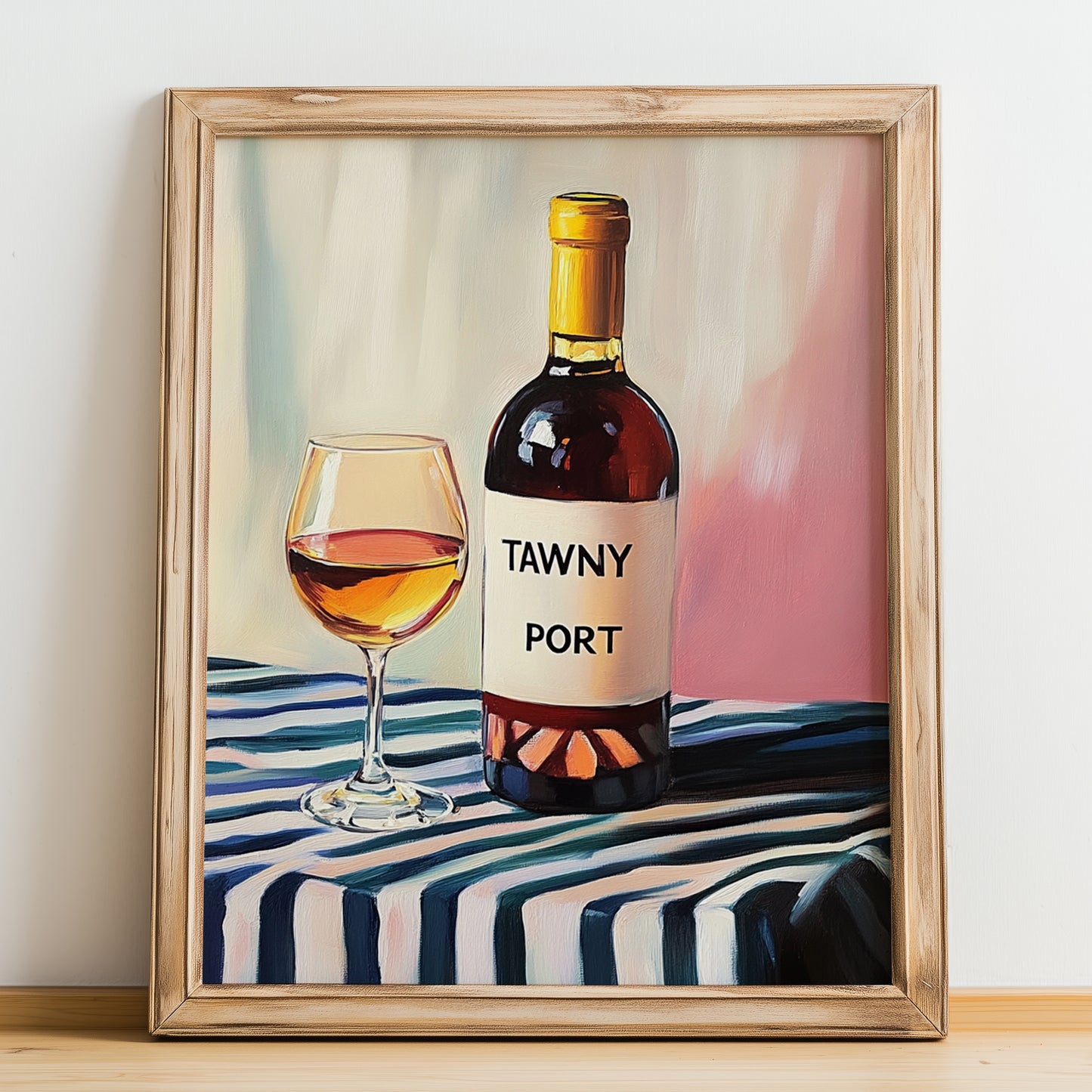 Tawny Port – on Striped Tablecloth, Portuguese Dessert Wine Wall Decor, no-text version framed in wood