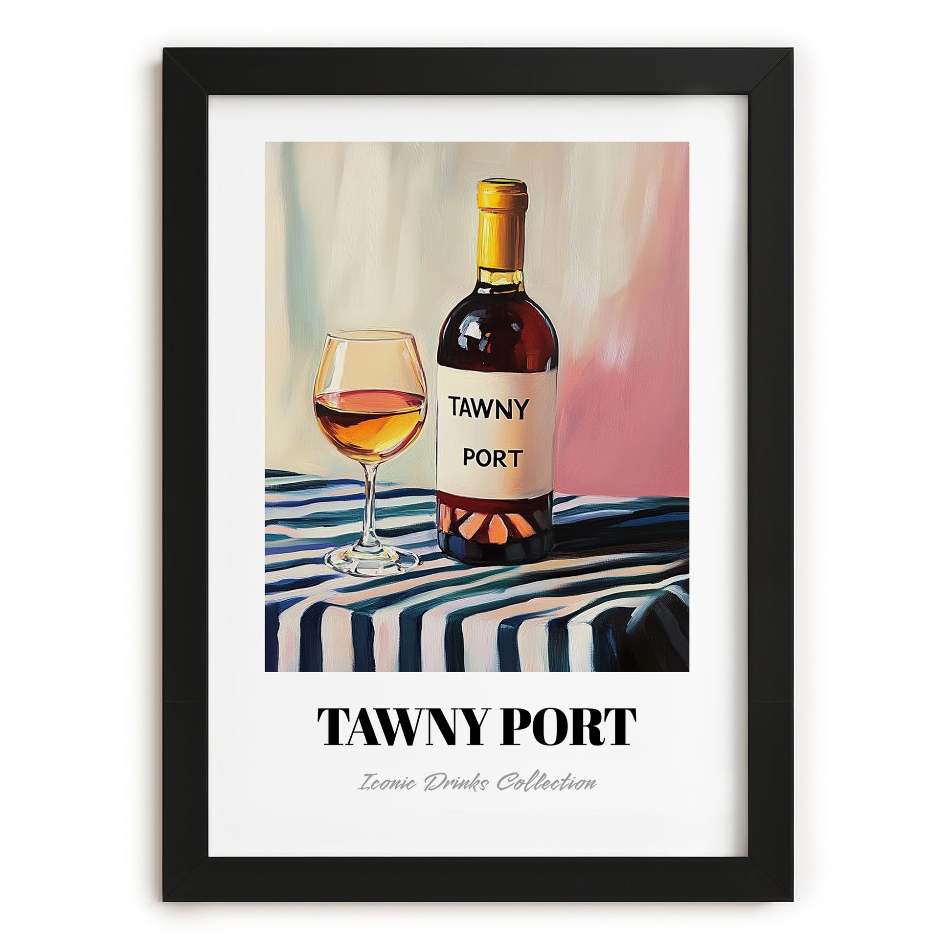 Tawny Port – on Striped Tablecloth, Portuguese Dessert Wine Wall Decor, in sleek black frame