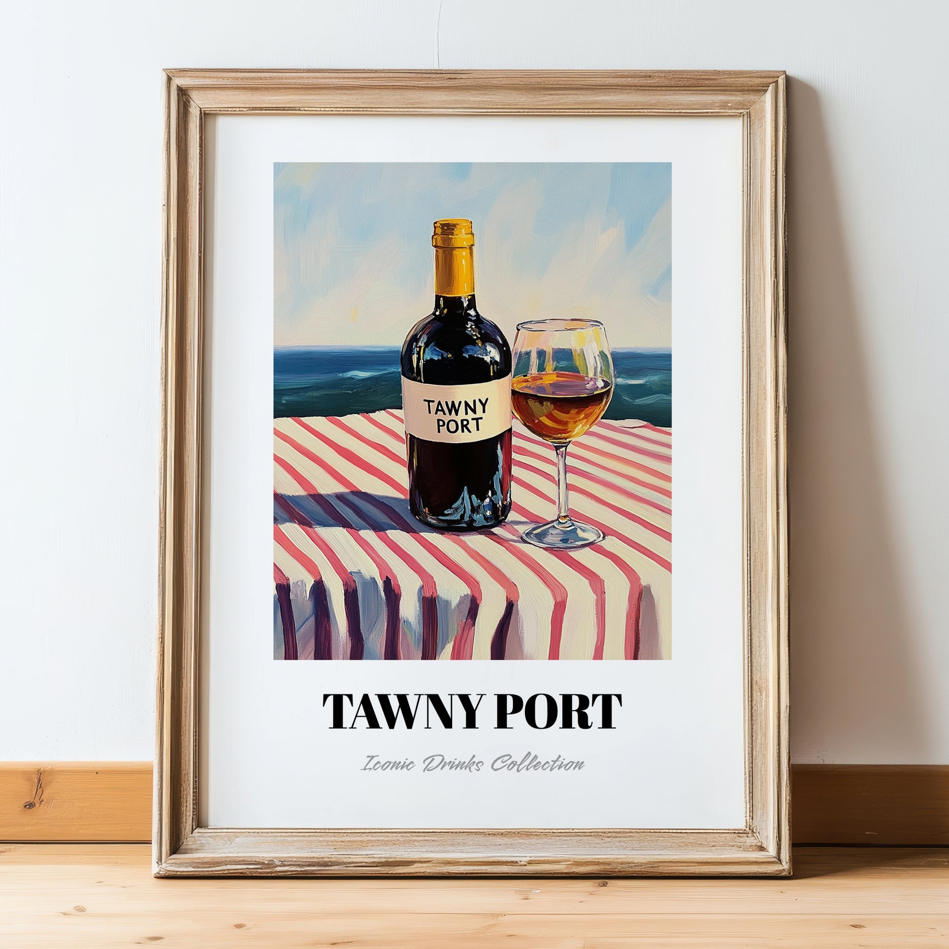 Tawny Port – Portuguese Coastal Café Moment, Portuguese Dessert Wine Wall Art, in wooden frame leaning on the floor