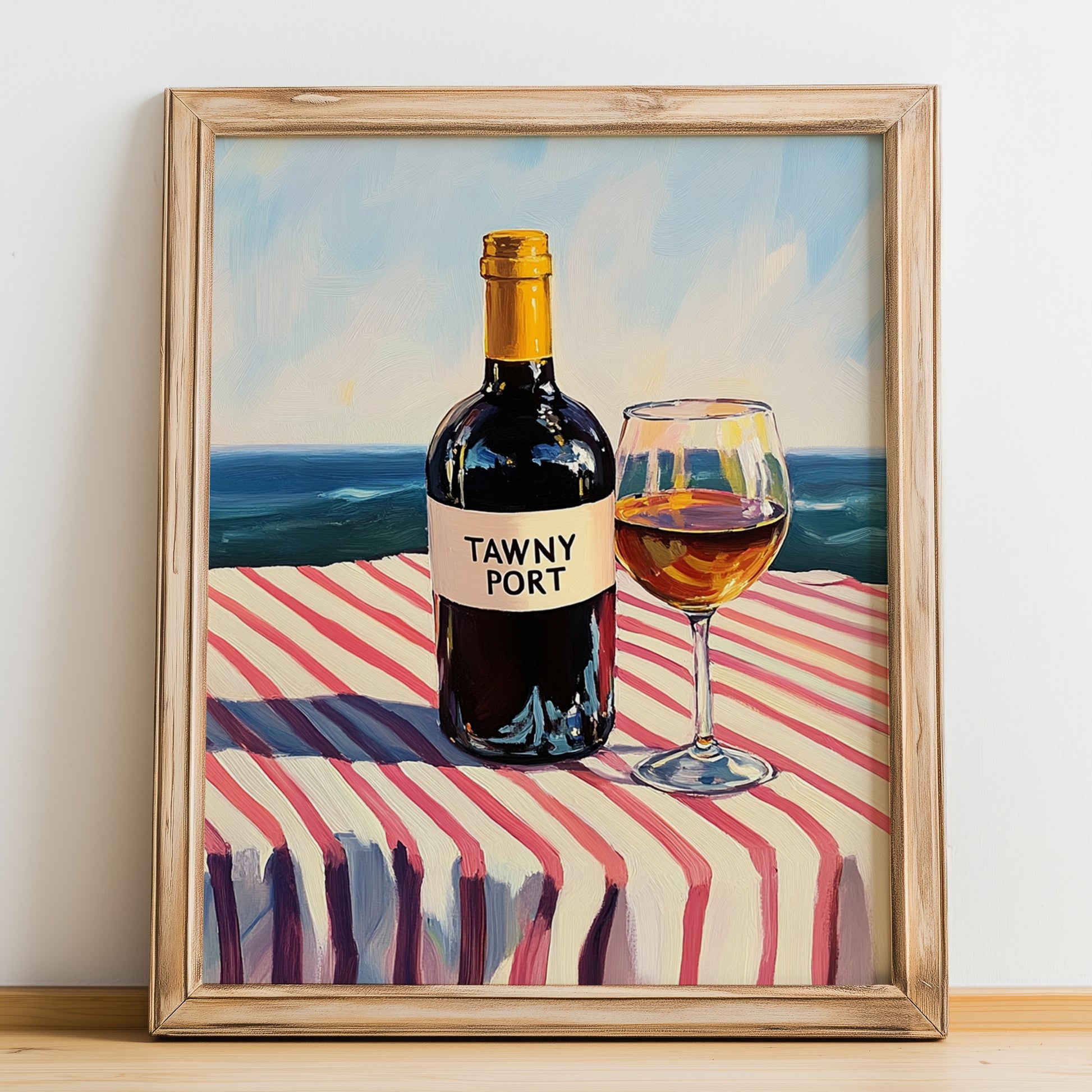 Tawny Port – Portuguese Coastal Café Moment, Portuguese Dessert Wine Wall Art, no-text version framed in wood