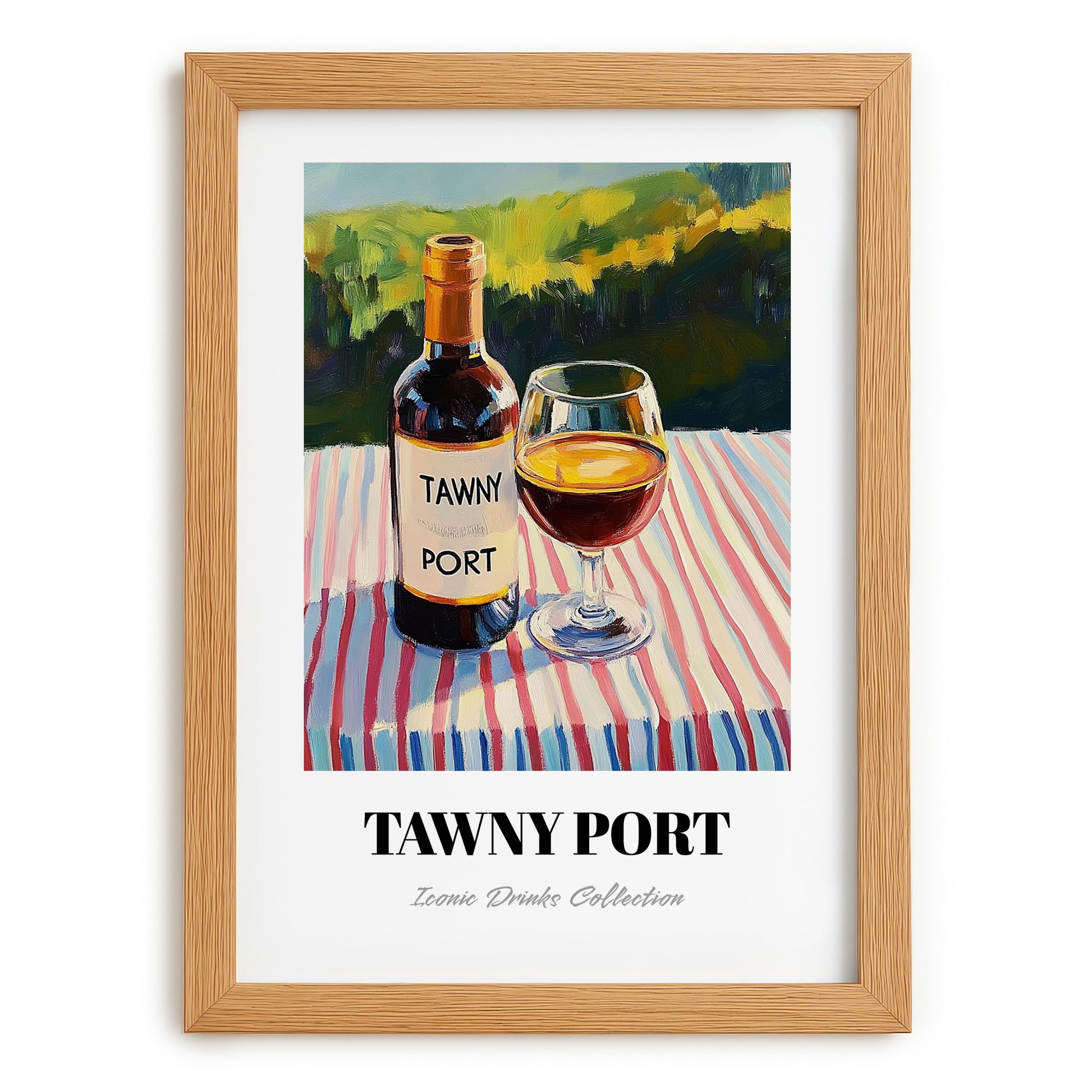Tawny Port – Portuguese Hilltop Café Scene, Portuguese Dessert Wine Wall Decor, set in oak frame