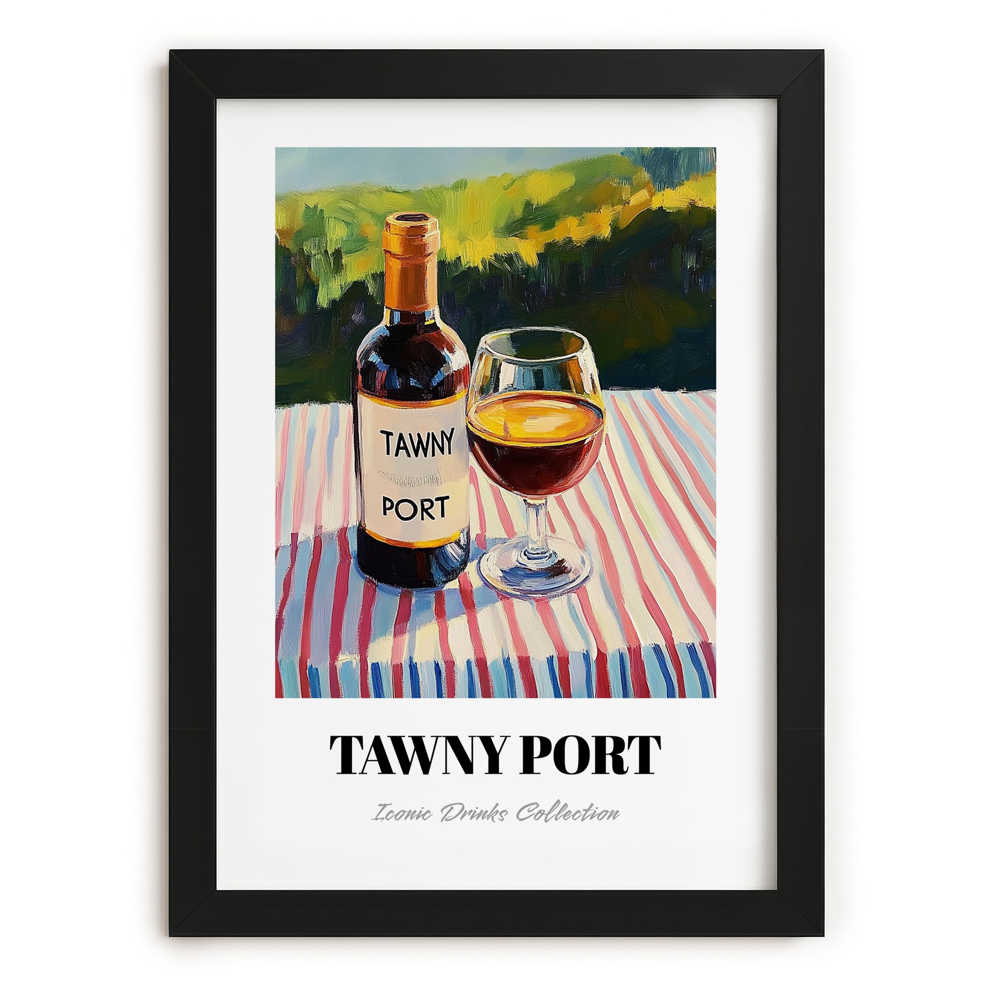 Tawny Port – Portuguese Hilltop Café Scene, Portuguese Dessert Wine Wall Decor, in sleek black frame
