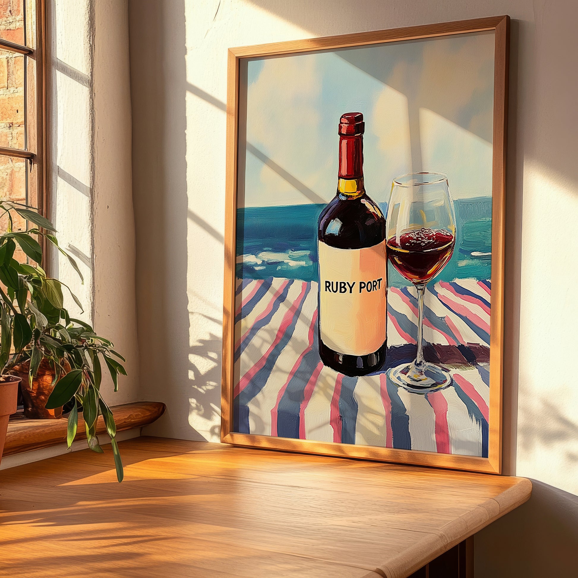 Ruby Port – Portuguese Seaside Scene, Portuguese Dessert Wine Wall Illustration, clean layout with no caption
