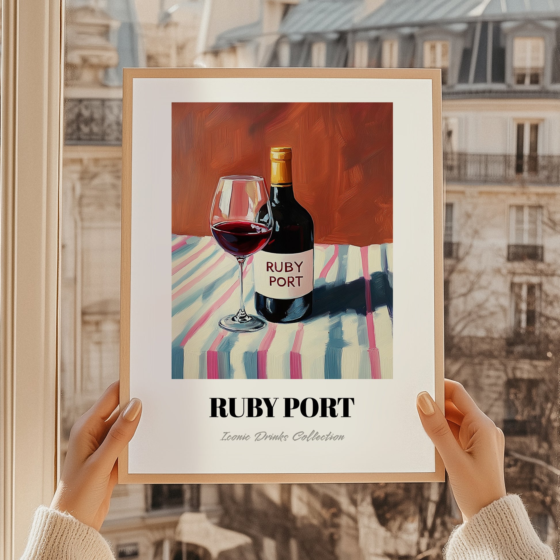 Ruby Port – on Striped Tablecloth, Portuguese Dessert Wine Wall Art, styled in a charming Paris street view
