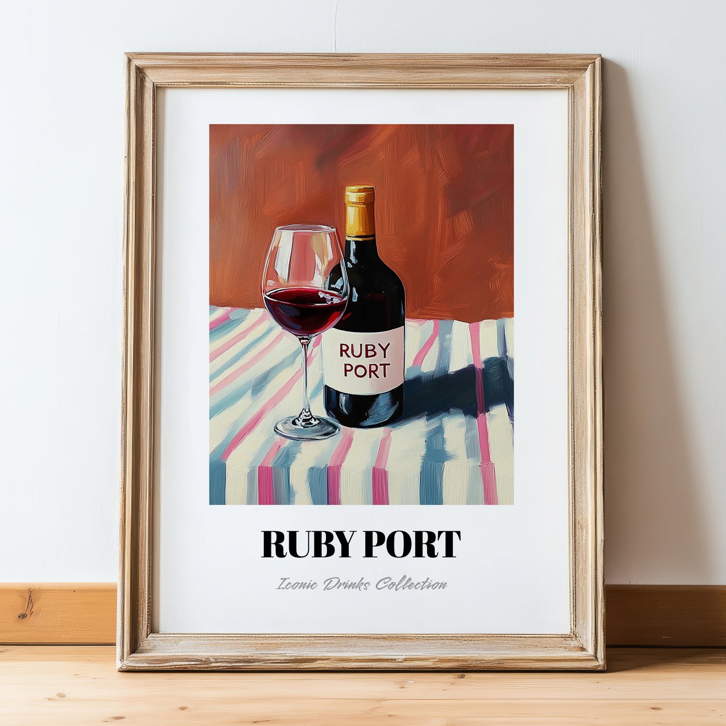 Ruby Port – on Striped Tablecloth, Portuguese Dessert Wine Wall Art, in wooden frame leaning on the floor