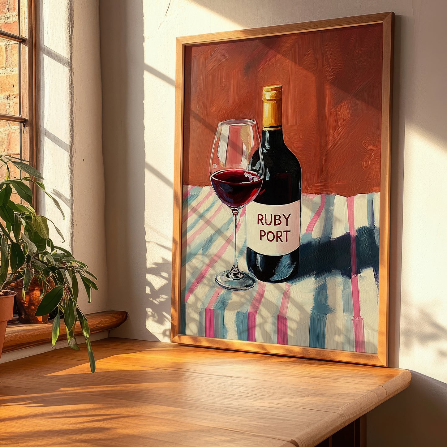 Ruby Port – on Striped Tablecloth, Portuguese Dessert Wine Wall Art, clean layout with no caption