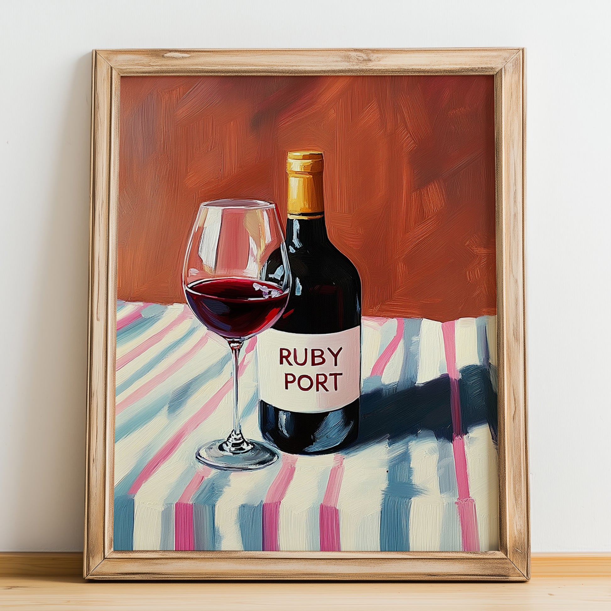 Ruby Port – on Striped Tablecloth, Portuguese Dessert Wine Wall Art, no-text version framed in wood