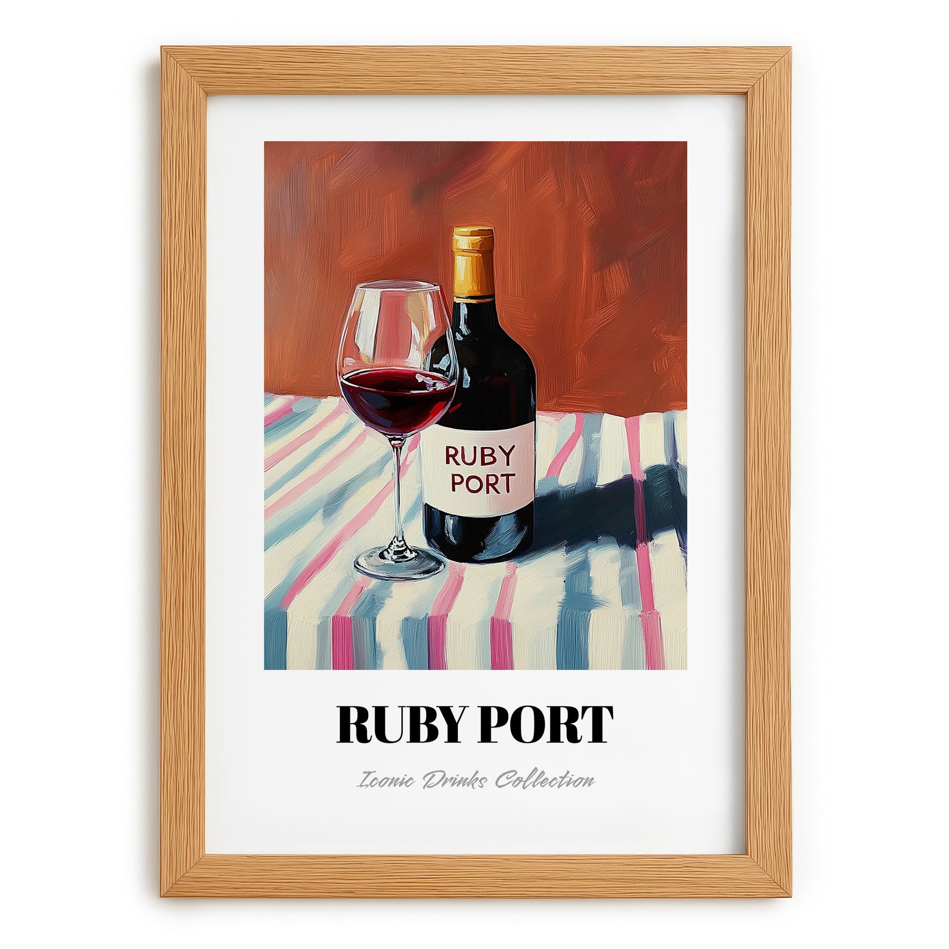 Ruby Port – on Striped Tablecloth, Portuguese Dessert Wine Wall Art, set in oak frame
