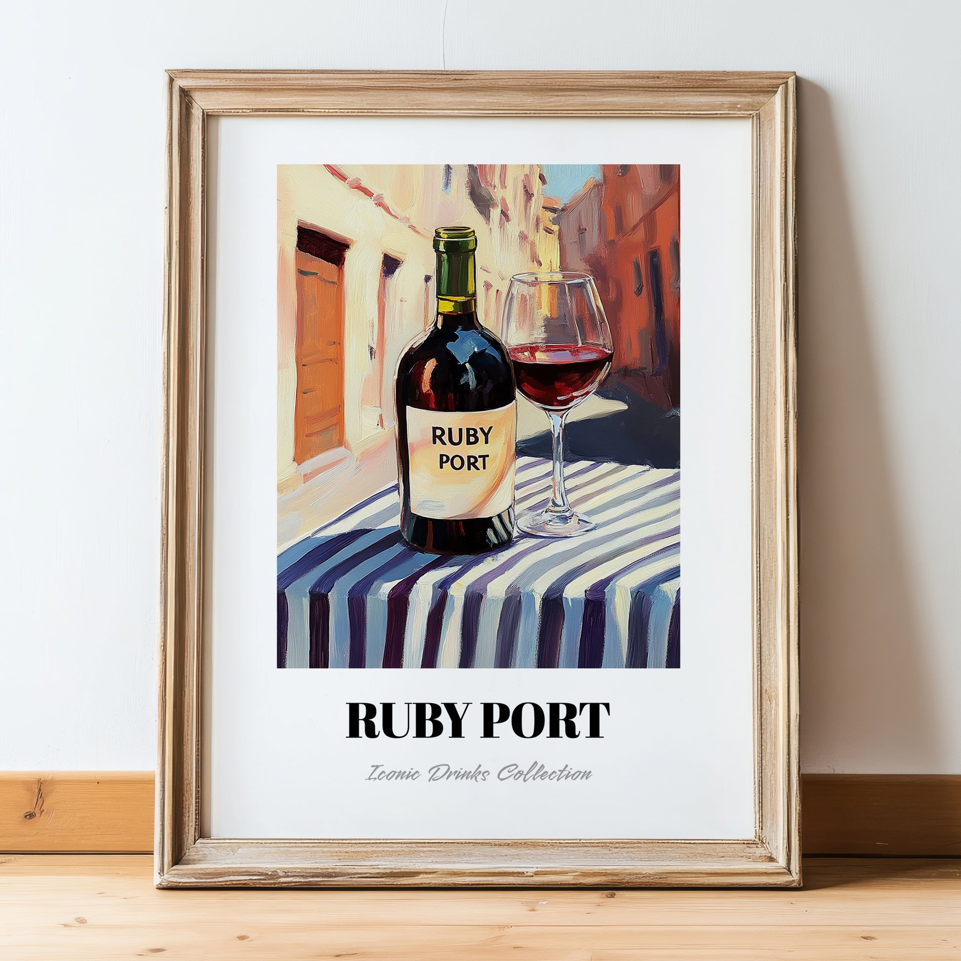 Ruby Port – Portuguese Street Café Scene, Portuguese Dessert Wine Print, in wooden frame leaning on the floor