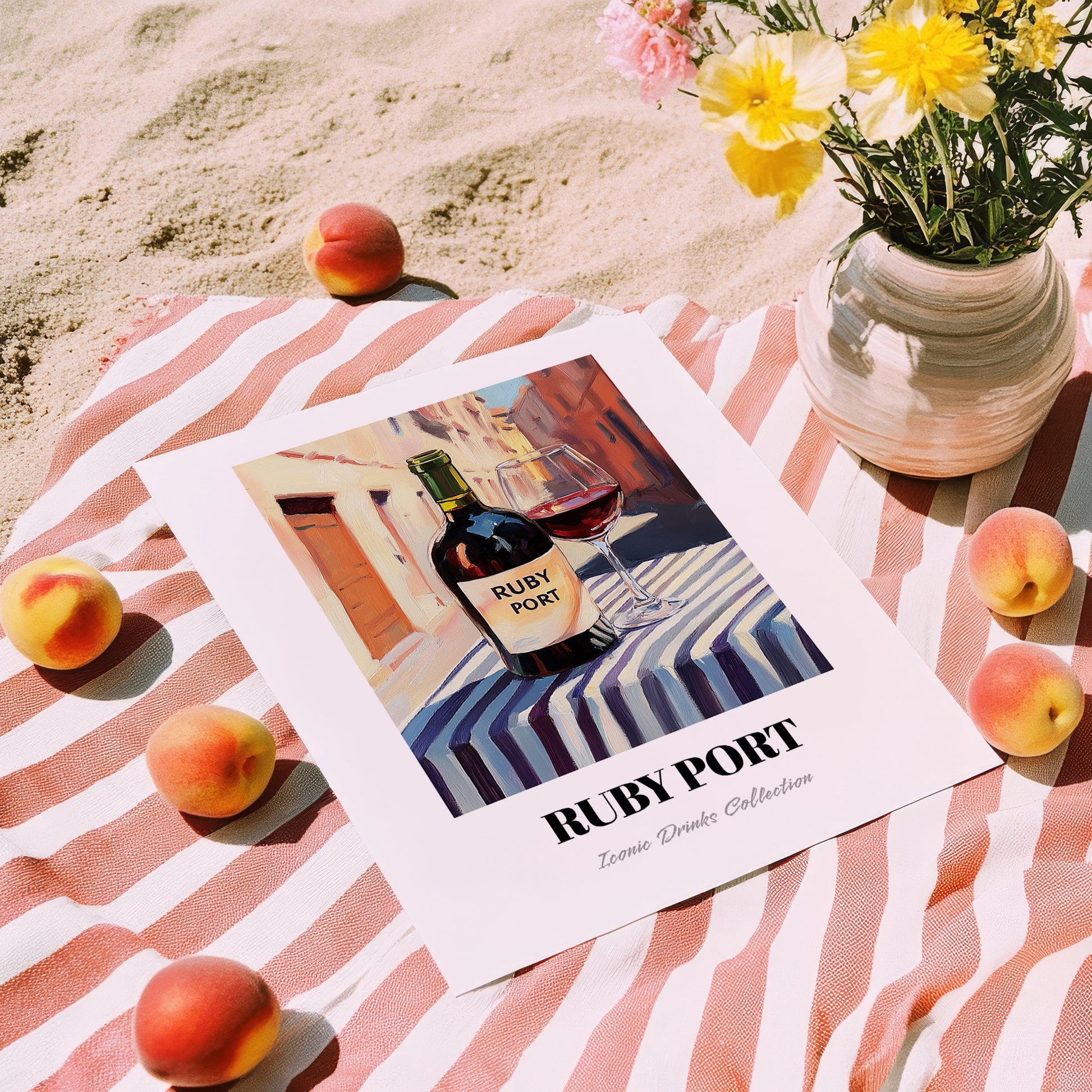 Ruby Port – Portuguese Street Café Scene, Portuguese Dessert Wine Print, unframed on coastal sand