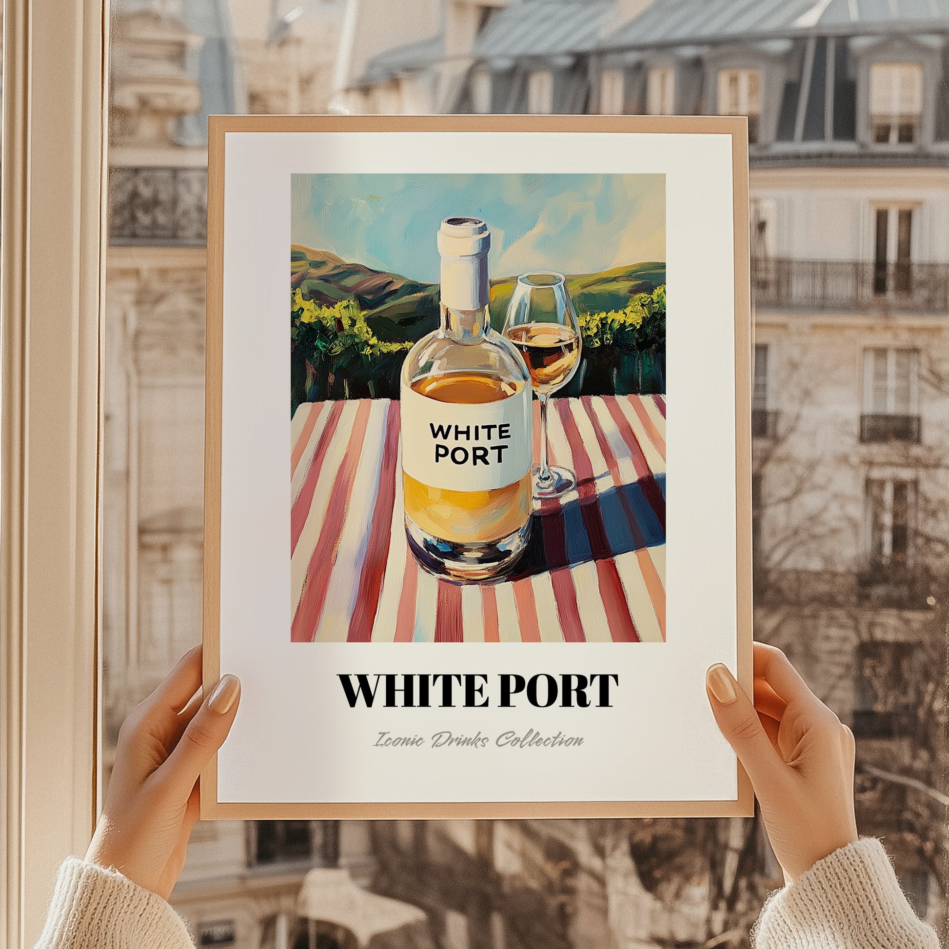 White Port – Portuguese Hilltop Café Scene, Portuguese Dessert Wine Illustration, styled in a charming Paris street view