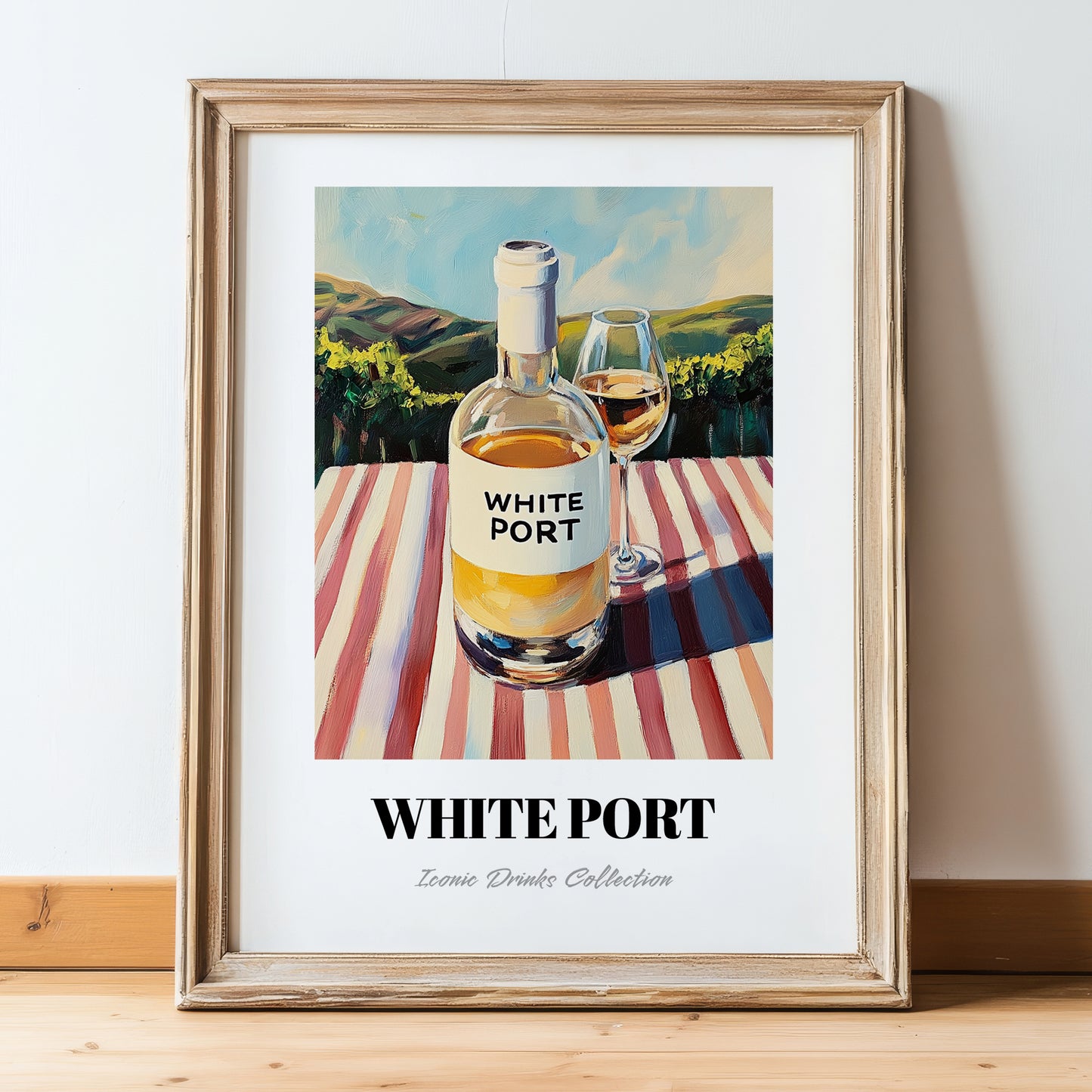 White Port – Portuguese Hilltop Café Scene, Portuguese Dessert Wine Illustration, in wooden frame leaning on the floor