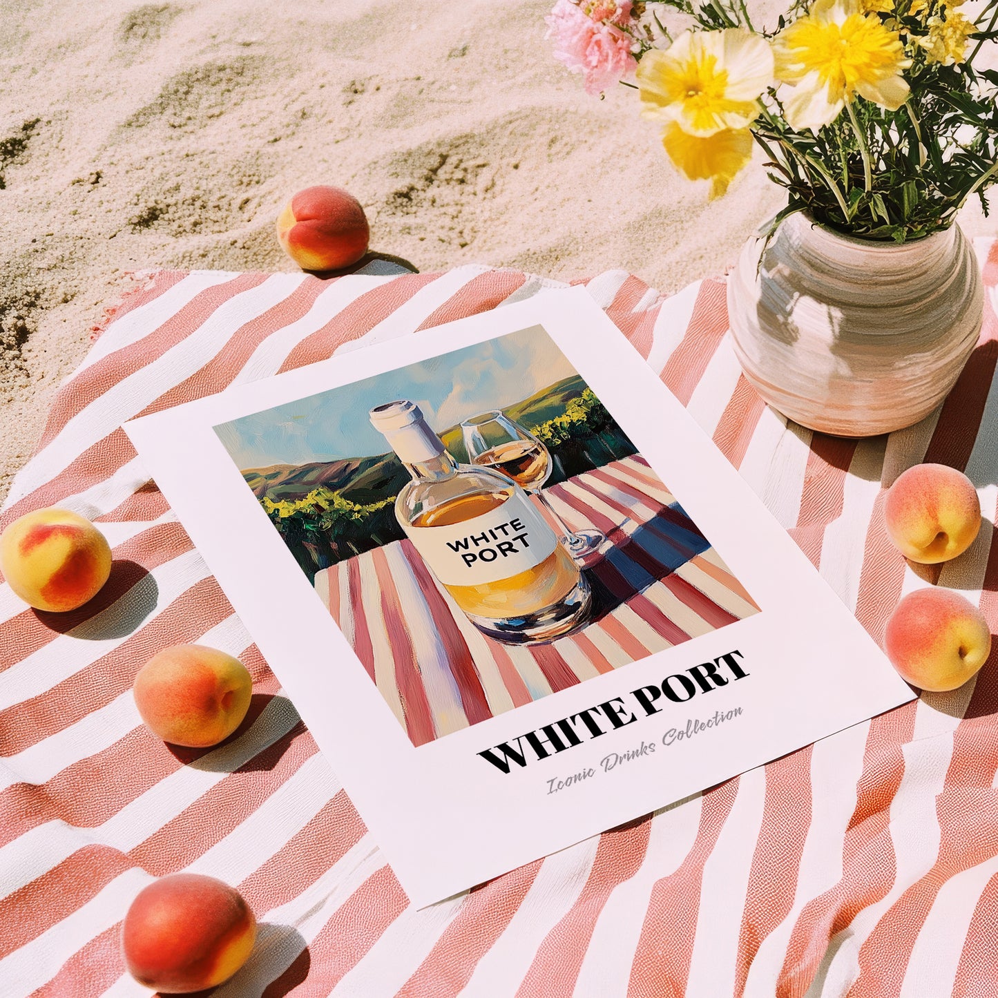 White Port – Portuguese Hilltop Café Scene, Portuguese Dessert Wine Illustration, unframed on coastal sand