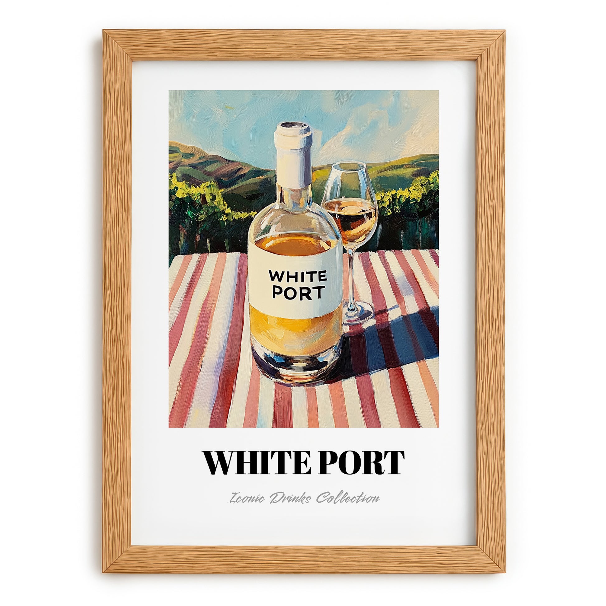 White Port – Portuguese Hilltop Café Scene, Portuguese Dessert Wine Illustration, set in oak frame