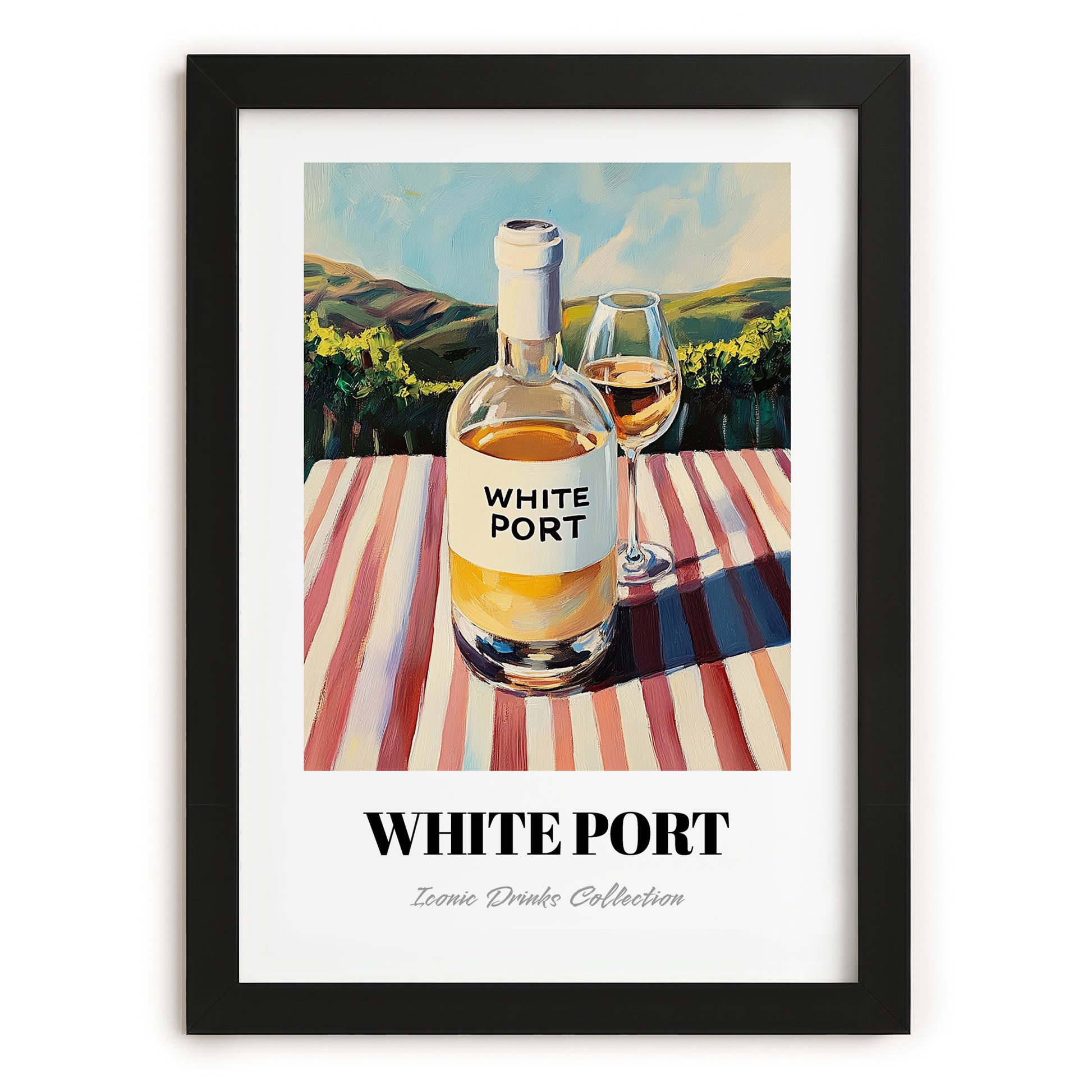 White Port – Portuguese Hilltop Café Scene, Portuguese Dessert Wine Illustration, in sleek black frame