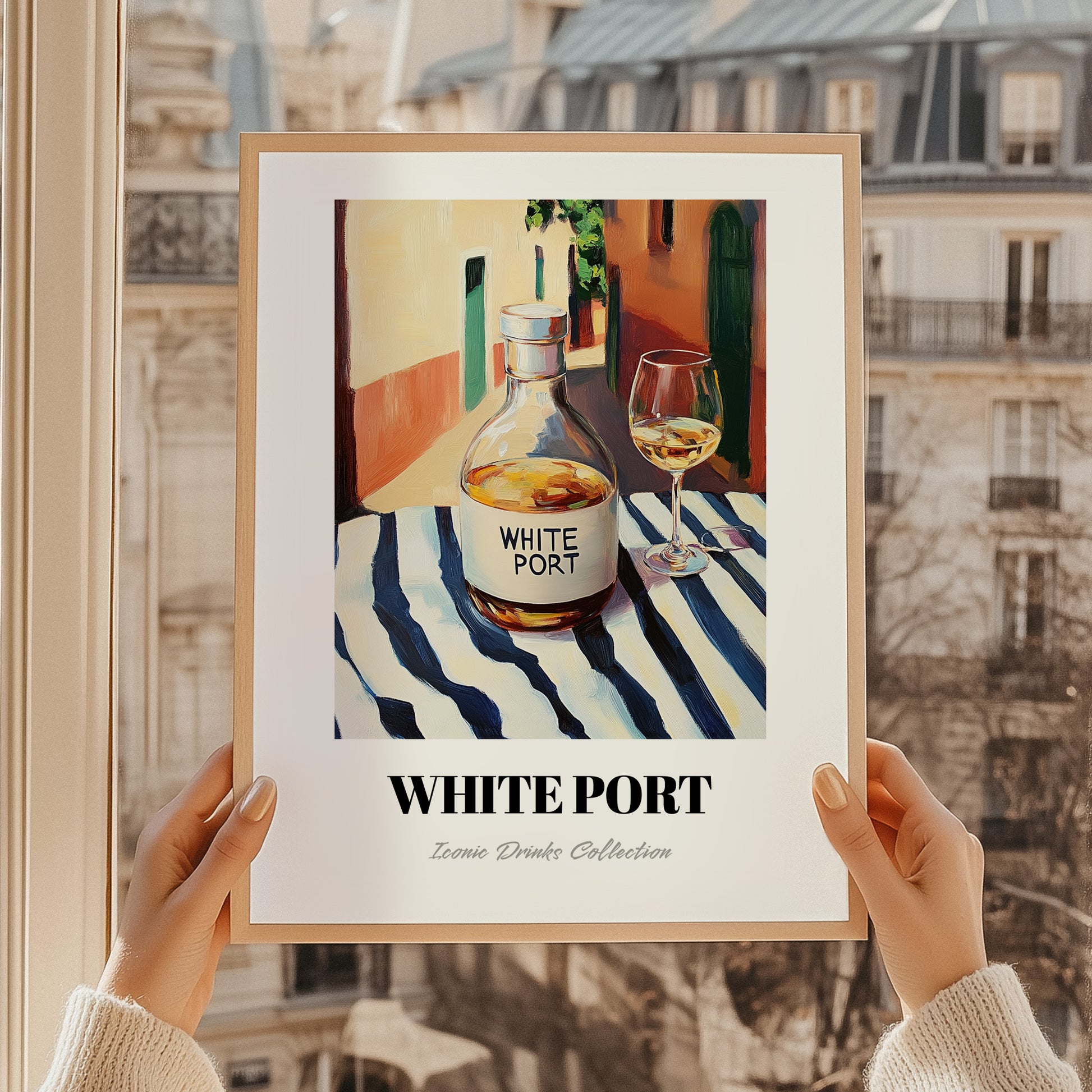 White Port – Portuguese Urban Café Scene, Portuguese Dessert Wine Wall Decor, styled in a charming Paris street view