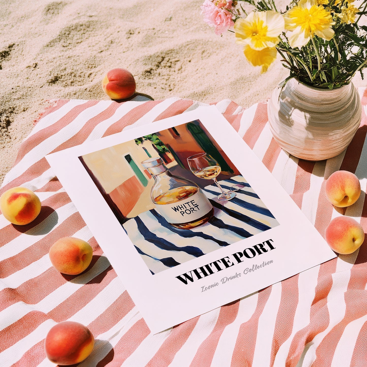 White Port – Portuguese Urban Café Scene, Portuguese Dessert Wine Wall Decor, unframed on coastal sand