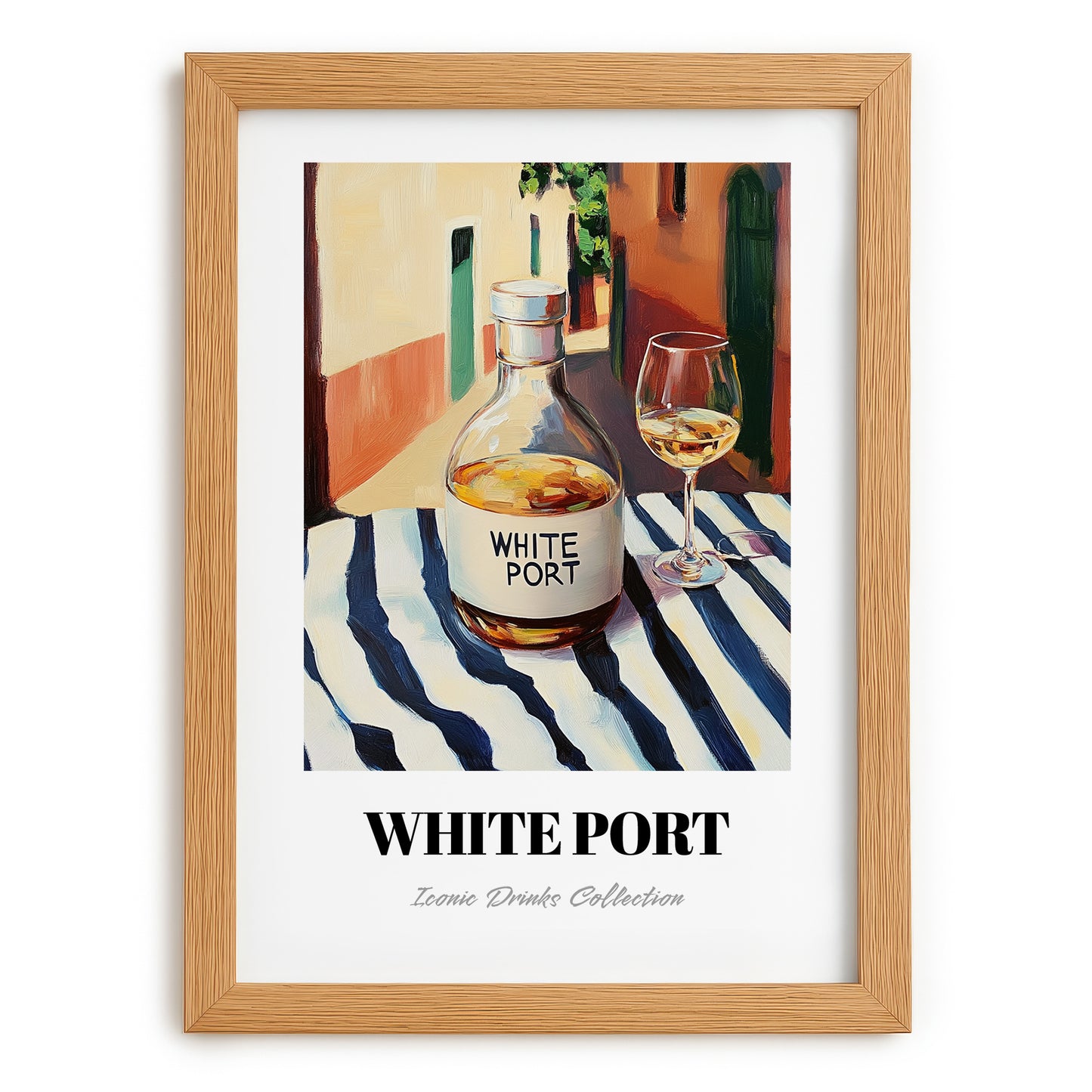 White Port – Portuguese Urban Café Scene, Portuguese Dessert Wine Wall Decor, set in oak frame