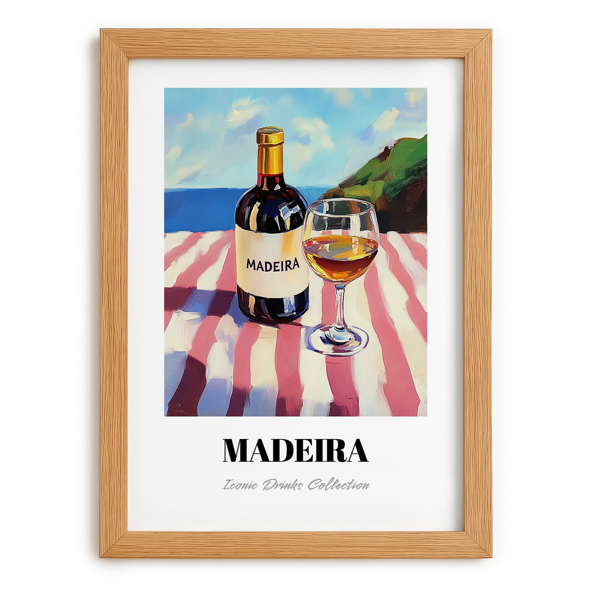Madeira – Portuguese Coastal Table, Portuguese Dessert Wine Painting, set in oak frame