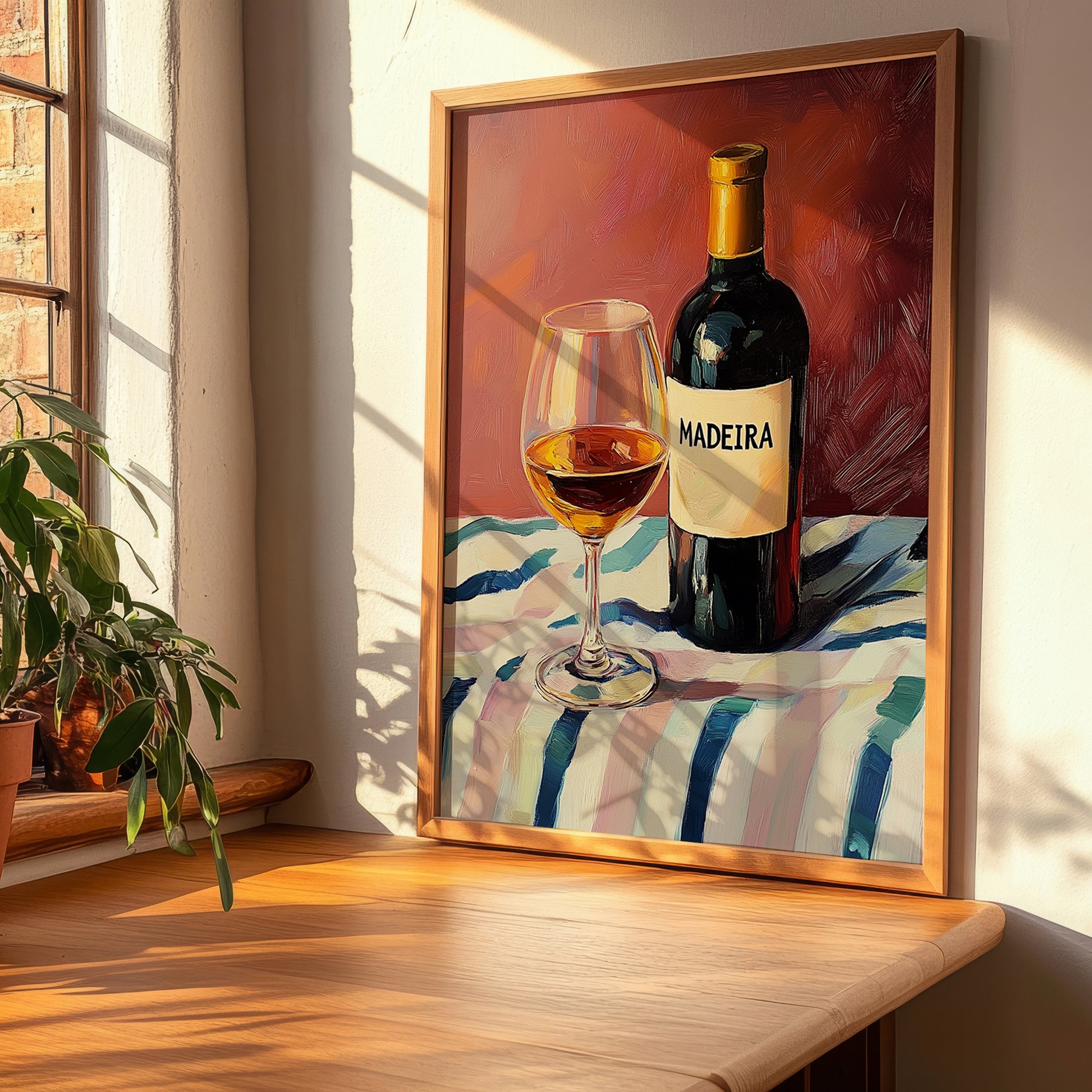 Madeira – on Striped Tablecloth, Portuguese Dessert Wine Print, clean layout with no caption