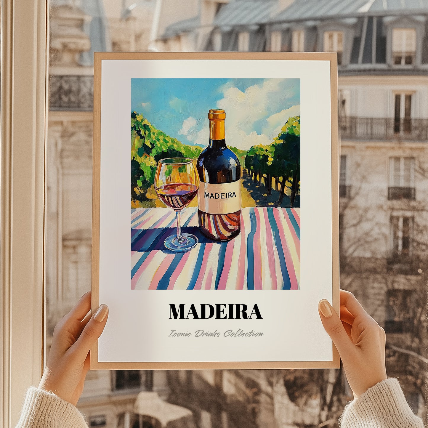 Madeira – Portuguese Hilltop Café Scene, Portuguese Dessert Wine Poster, styled in a charming Paris street view