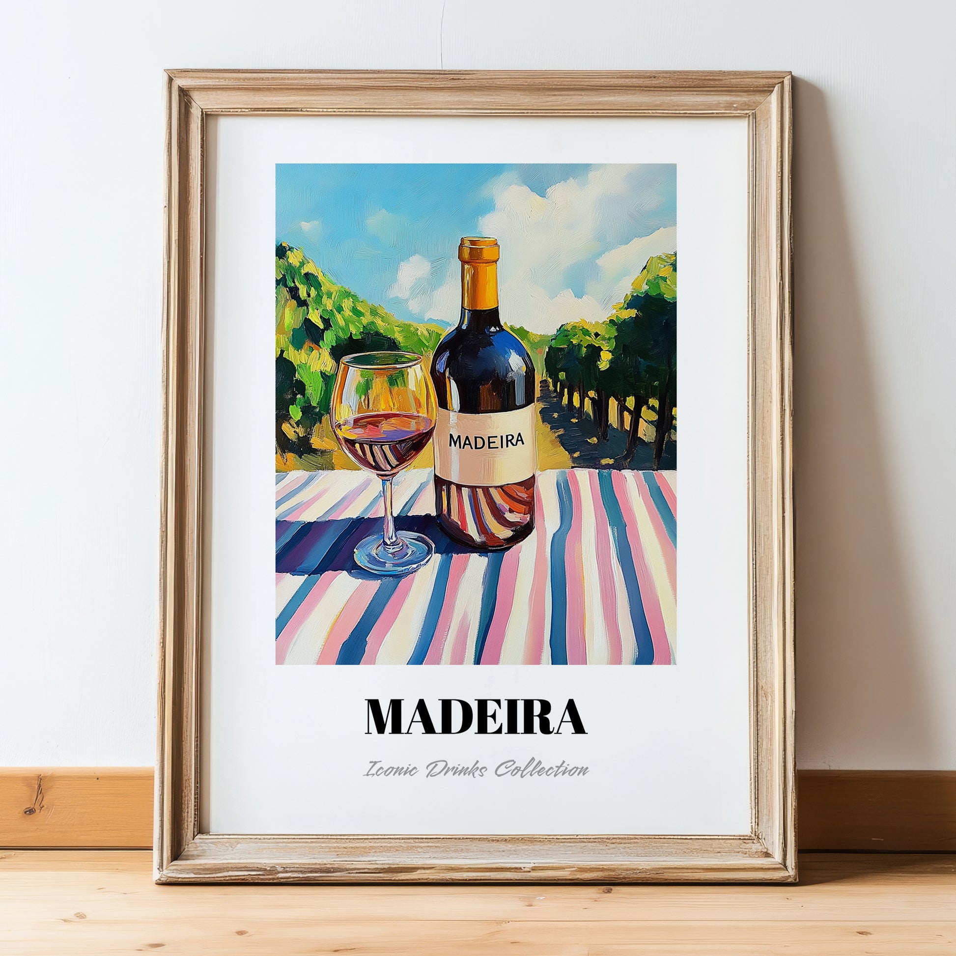Madeira – Portuguese Hilltop Café Scene, Portuguese Dessert Wine Poster, in wooden frame leaning on the floor
