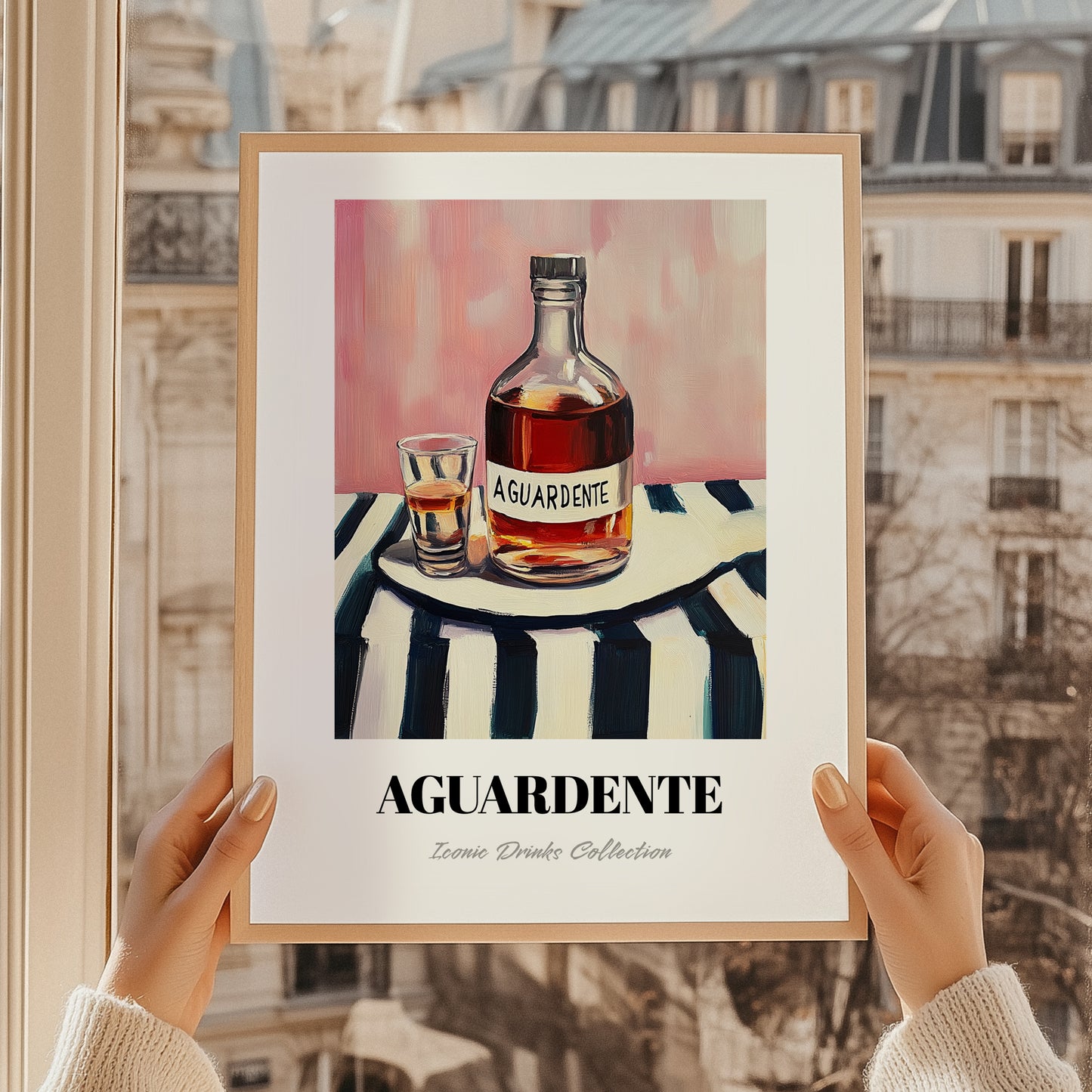 Aguardente – on Striped Tablecloth, Portuguese Spirit Wall Decor, styled in a charming Paris street view