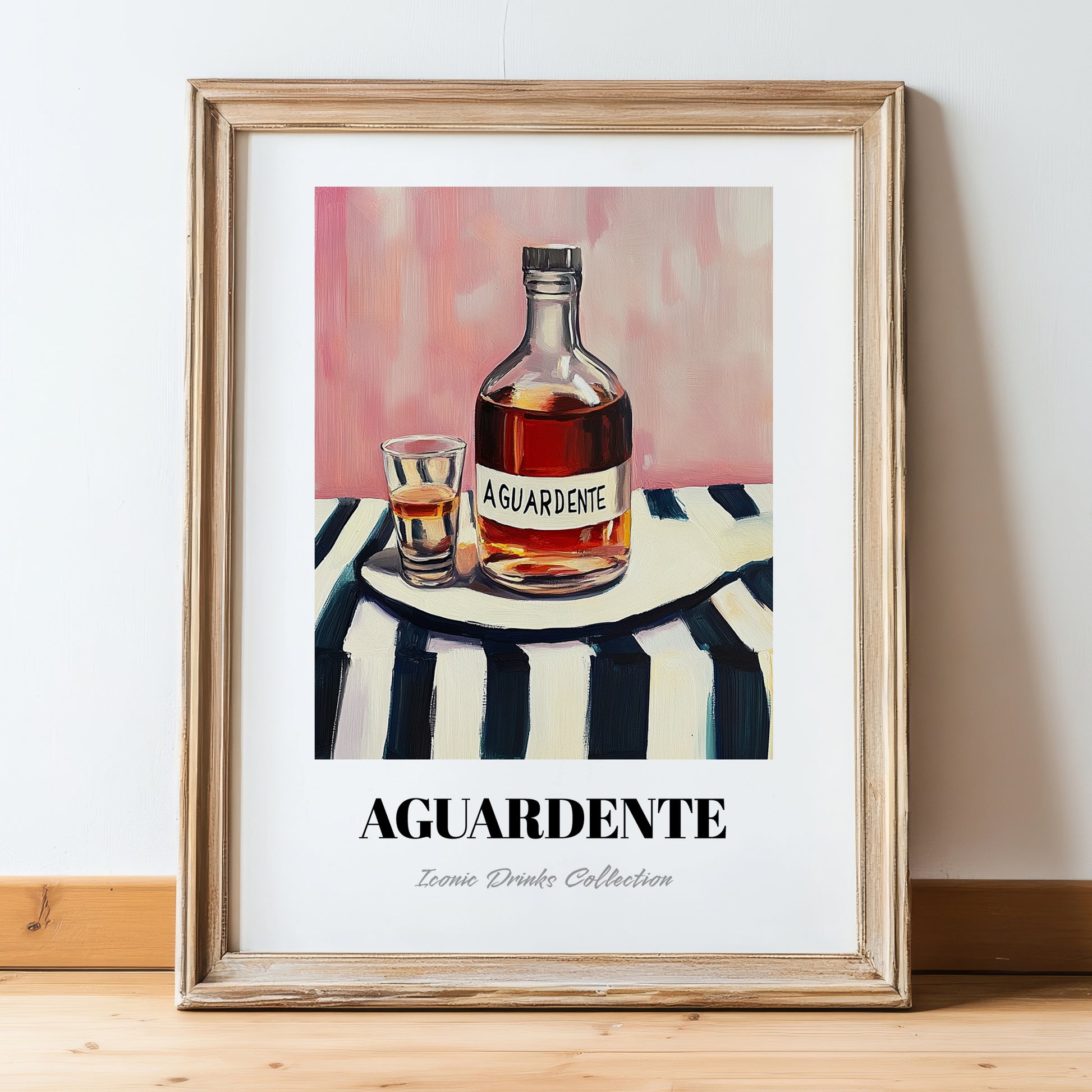 Aguardente – on Striped Tablecloth, Portuguese Spirit Wall Decor, in wooden frame leaning on the floor