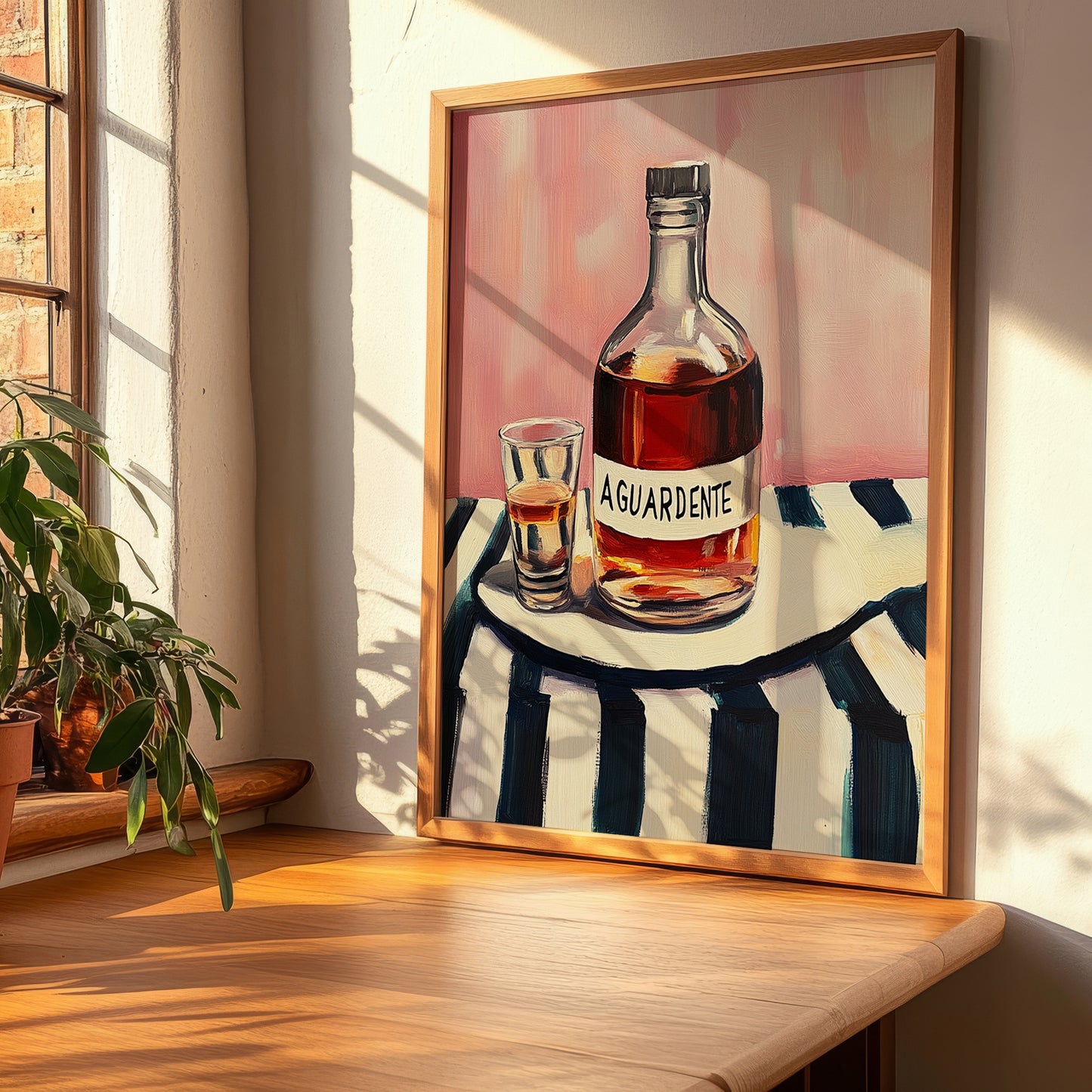 Aguardente – on Striped Tablecloth, Portuguese Spirit Wall Decor, clean layout with no caption