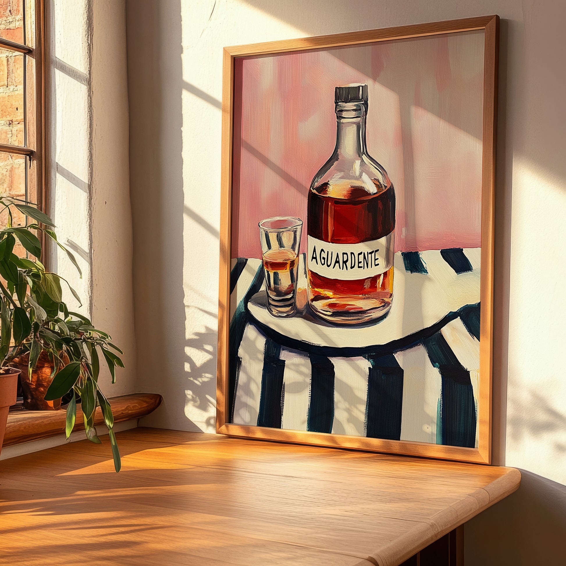 Aguardente – on Striped Tablecloth, Portuguese Spirit Wall Decor, clean layout with no caption