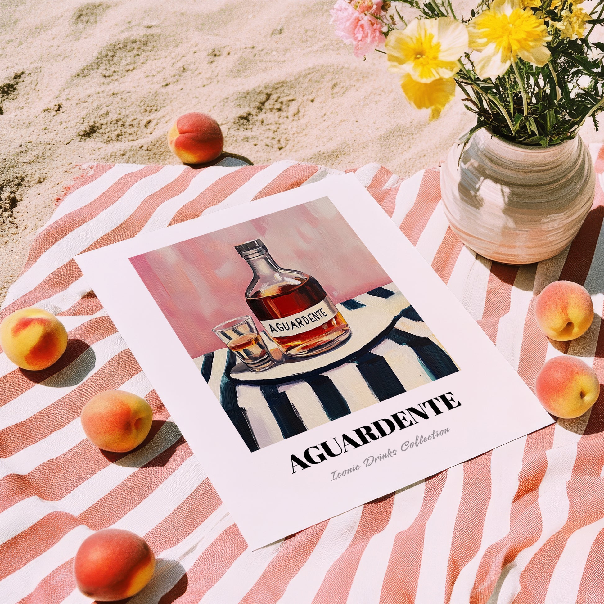 Aguardente – on Striped Tablecloth, Portuguese Spirit Wall Decor, unframed on coastal sand