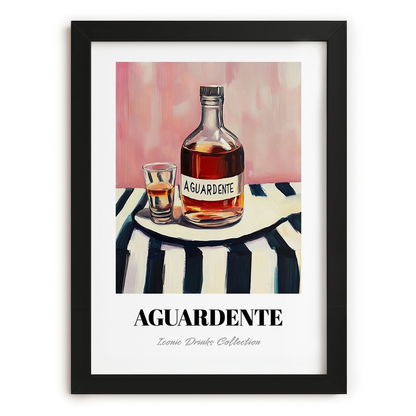 Aguardente – on Striped Tablecloth, Portuguese Spirit Wall Decor, in sleek black frame