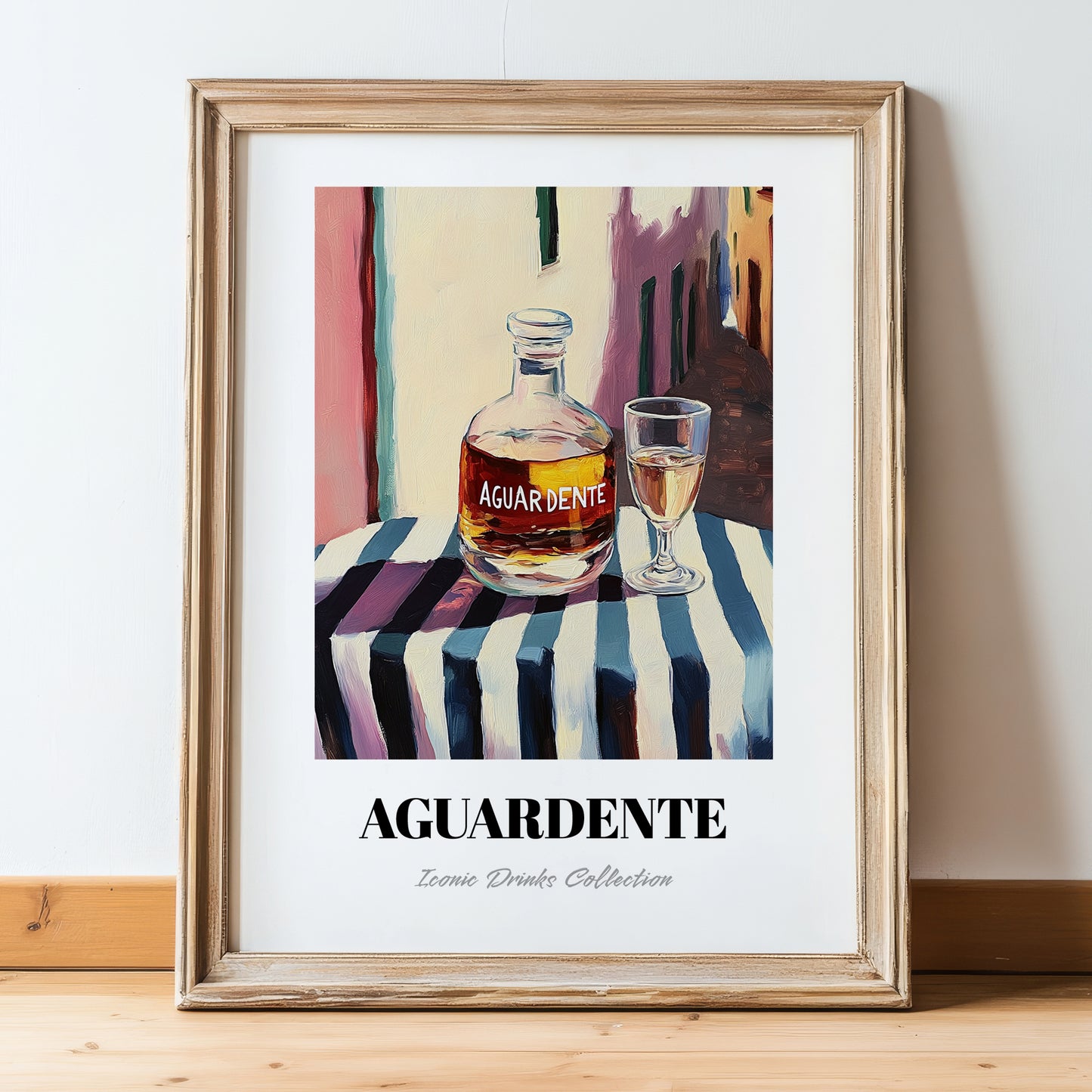 Aguardente – Portuguese Outdoor Café Scene, Portuguese Spirit Painting, in wooden frame leaning on the floor