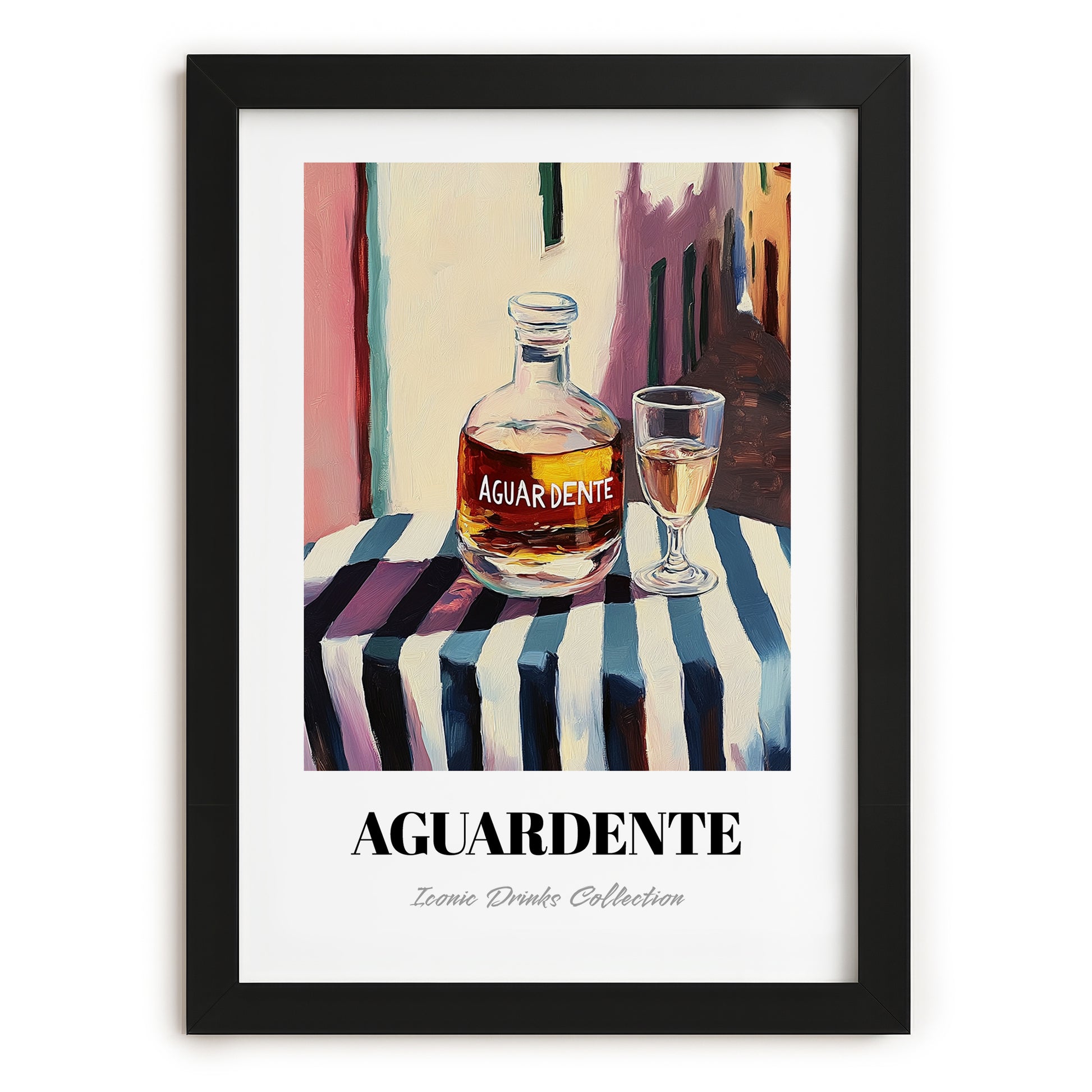 Aguardente – Portuguese Outdoor Café Scene, Portuguese Spirit Painting, in sleek black frame