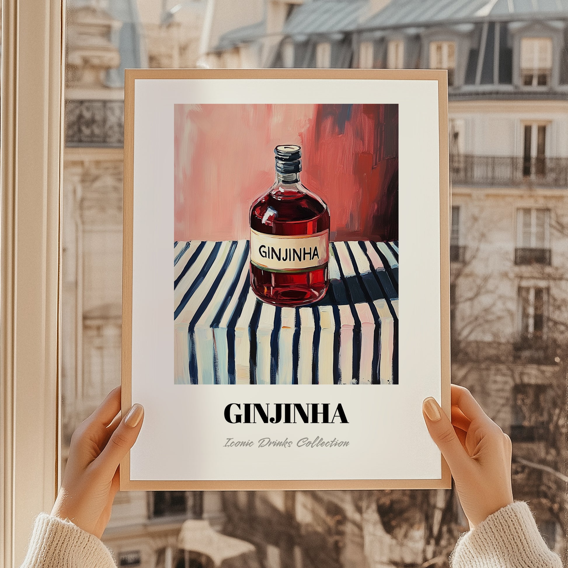 Ginjinha – on Striped Tablecloth, Portuguese Spirit Illustration, styled in a charming Paris street view