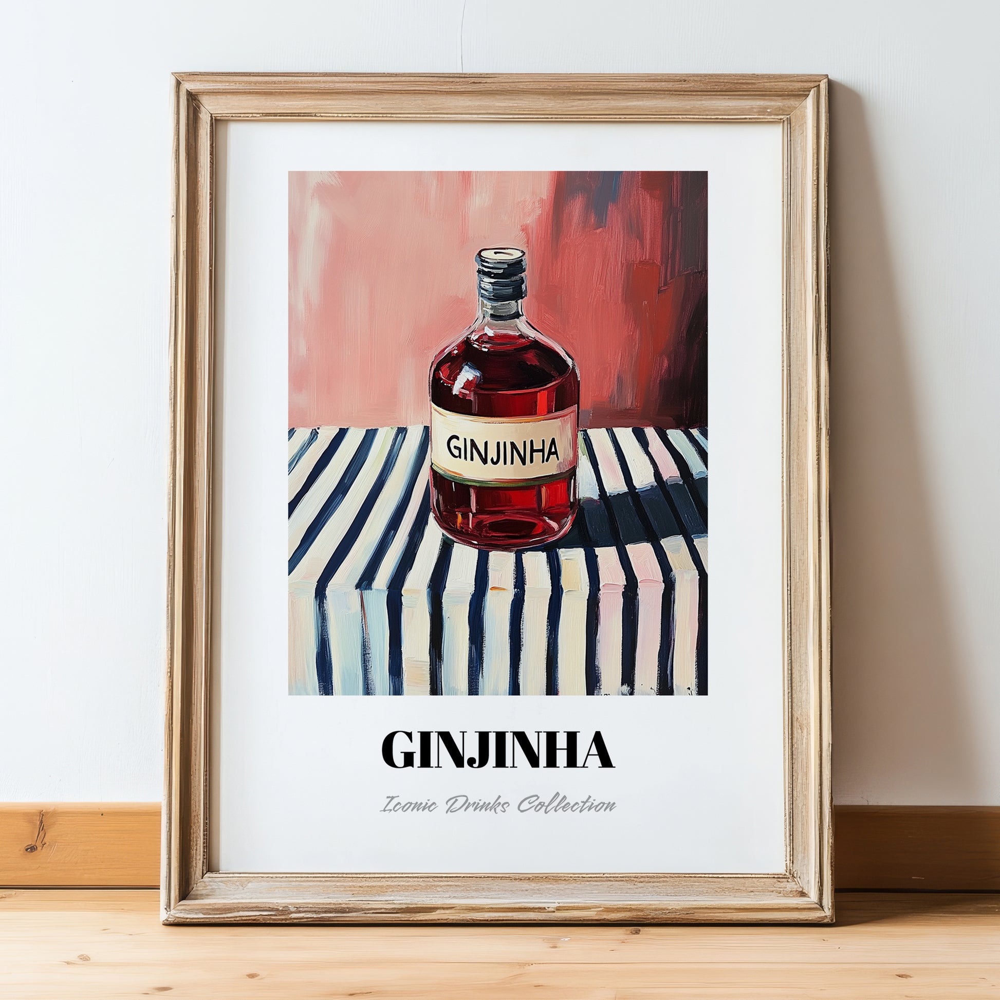 Ginjinha – on Striped Tablecloth, Portuguese Spirit Illustration, in wooden frame leaning on the floor