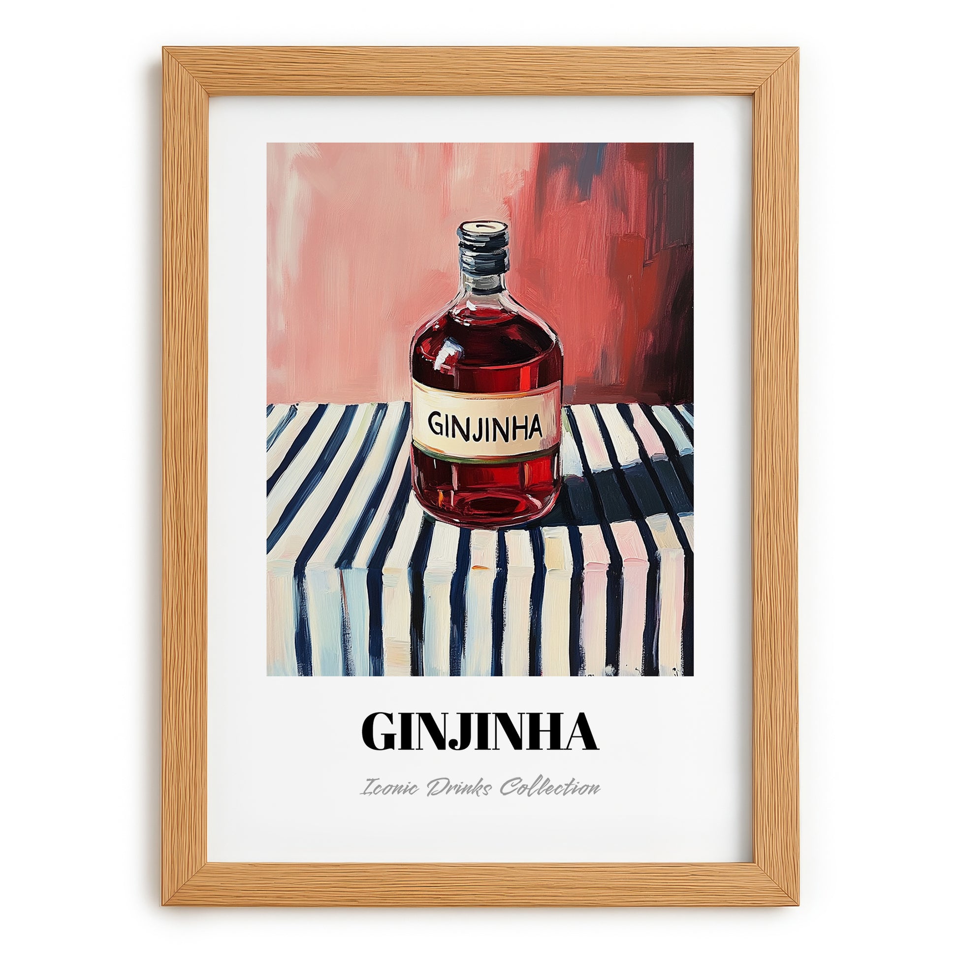 Ginjinha – on Striped Tablecloth, Portuguese Spirit Illustration, set in oak frame