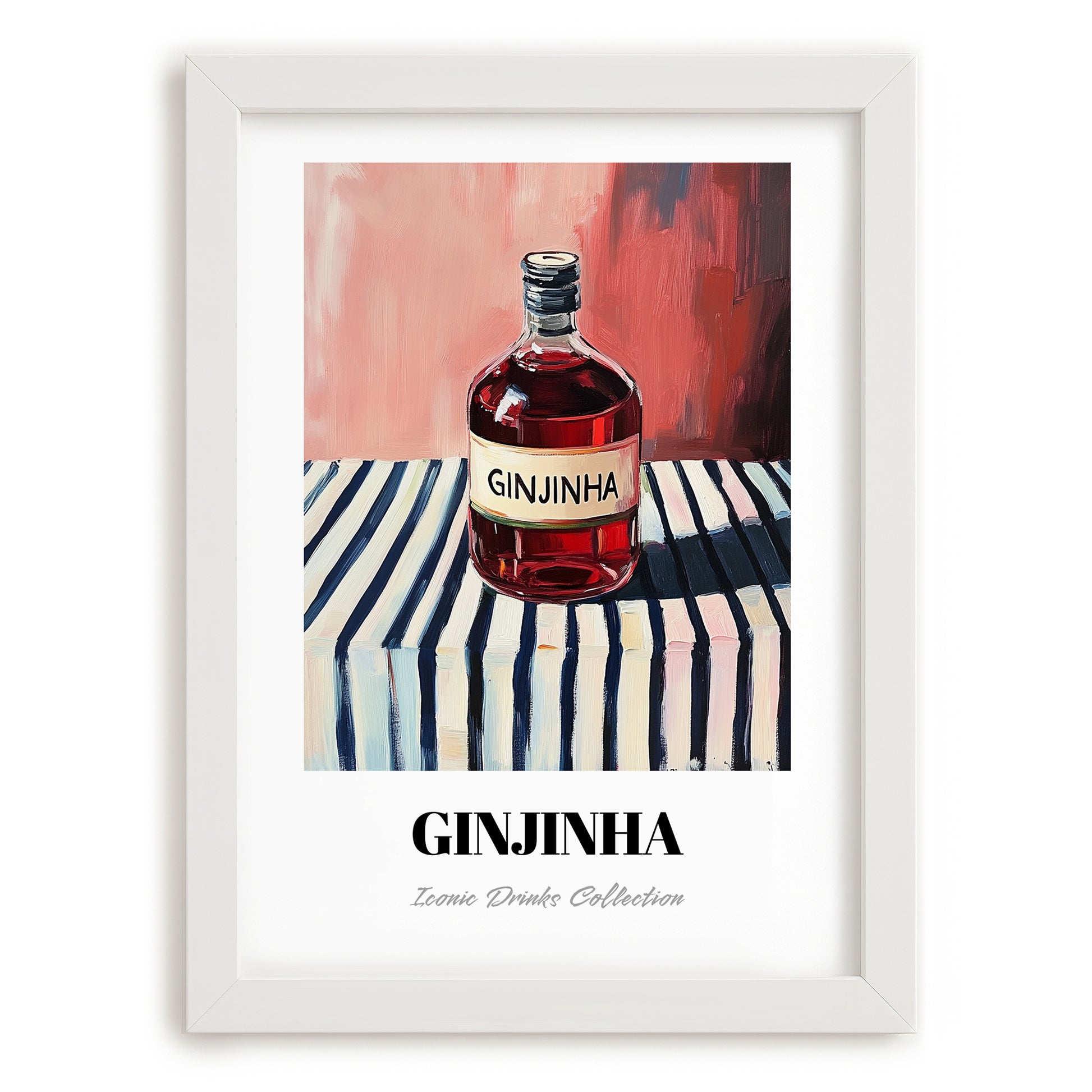 Ginjinha – on Striped Tablecloth, Portuguese Spirit Illustration, placed in minimal white frame