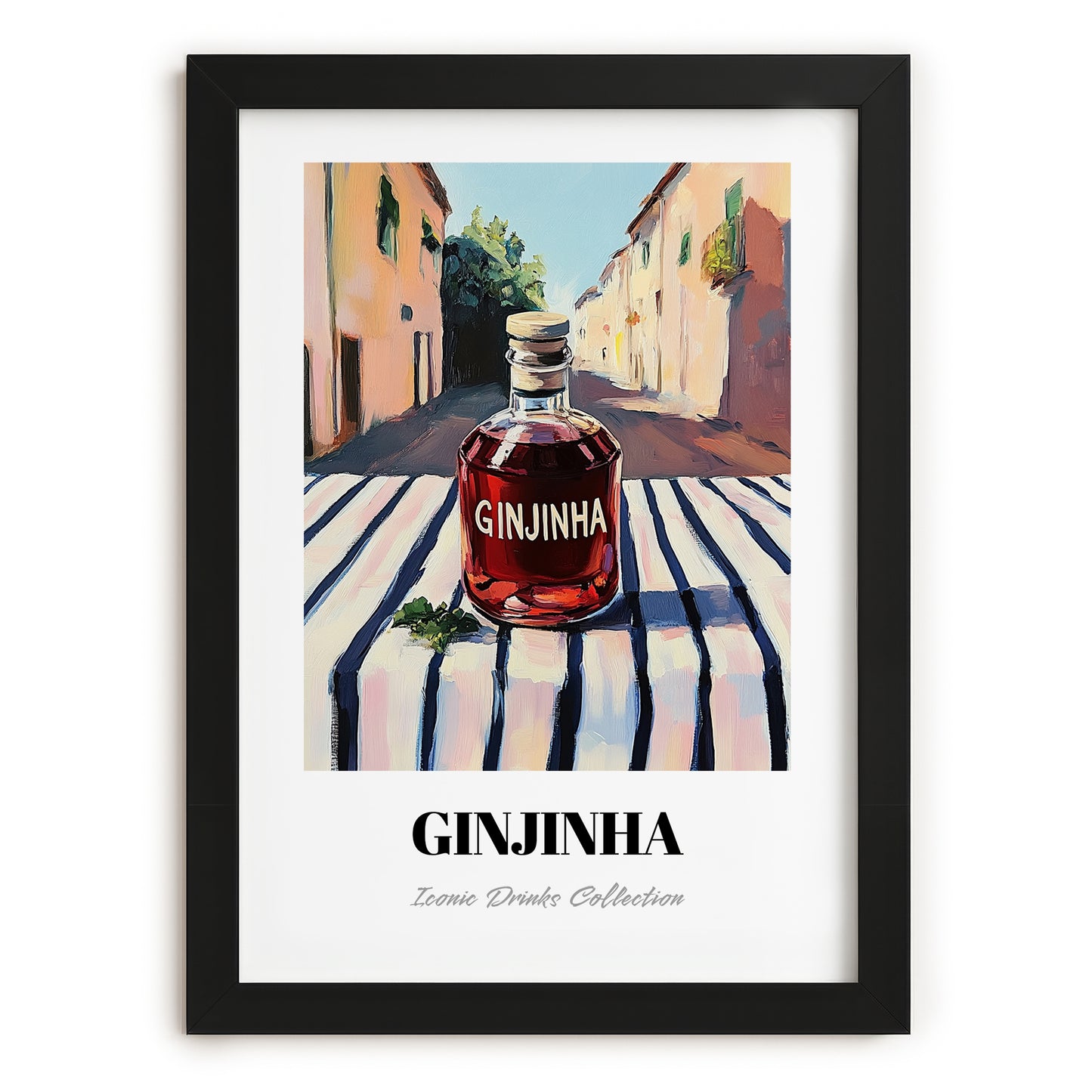 Ginjinha – Portuguese Street Café Scene, Portuguese Spirit Wall Decor, in sleek black frame