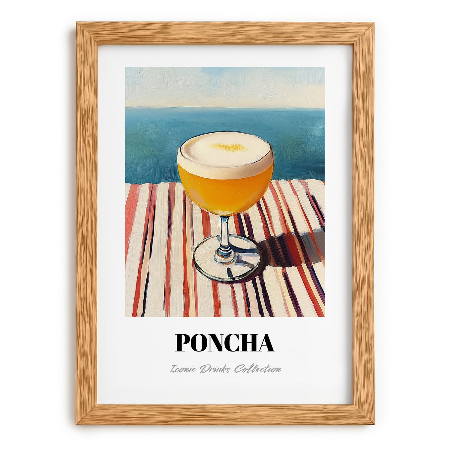 Poncha – Portuguese Coastal Café Moment, Portuguese Cocktail Illustration, set in oak frame