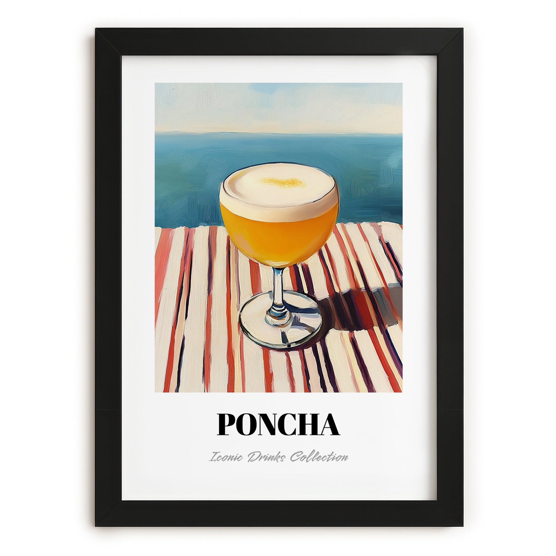 Poncha – Portuguese Coastal Café Moment, Portuguese Cocktail Illustration, in sleek black frame