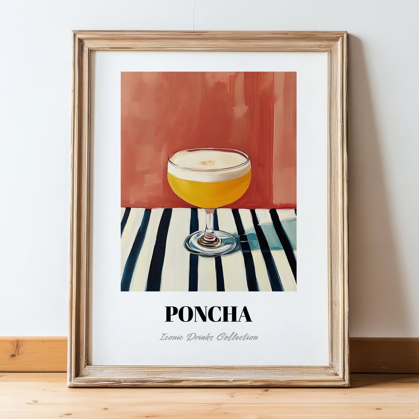 Poncha – on Striped Tablecloth, Portuguese Cocktail Poster, in wooden frame leaning on the floor