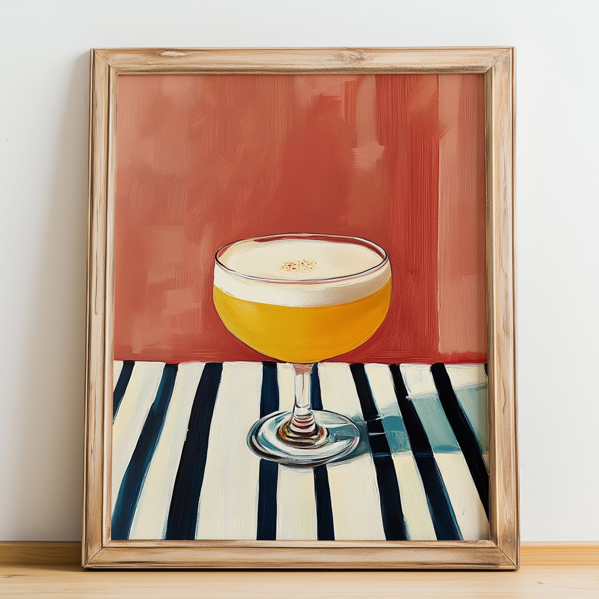 Poncha – on Striped Tablecloth, Portuguese Cocktail Poster, no-text version framed in wood