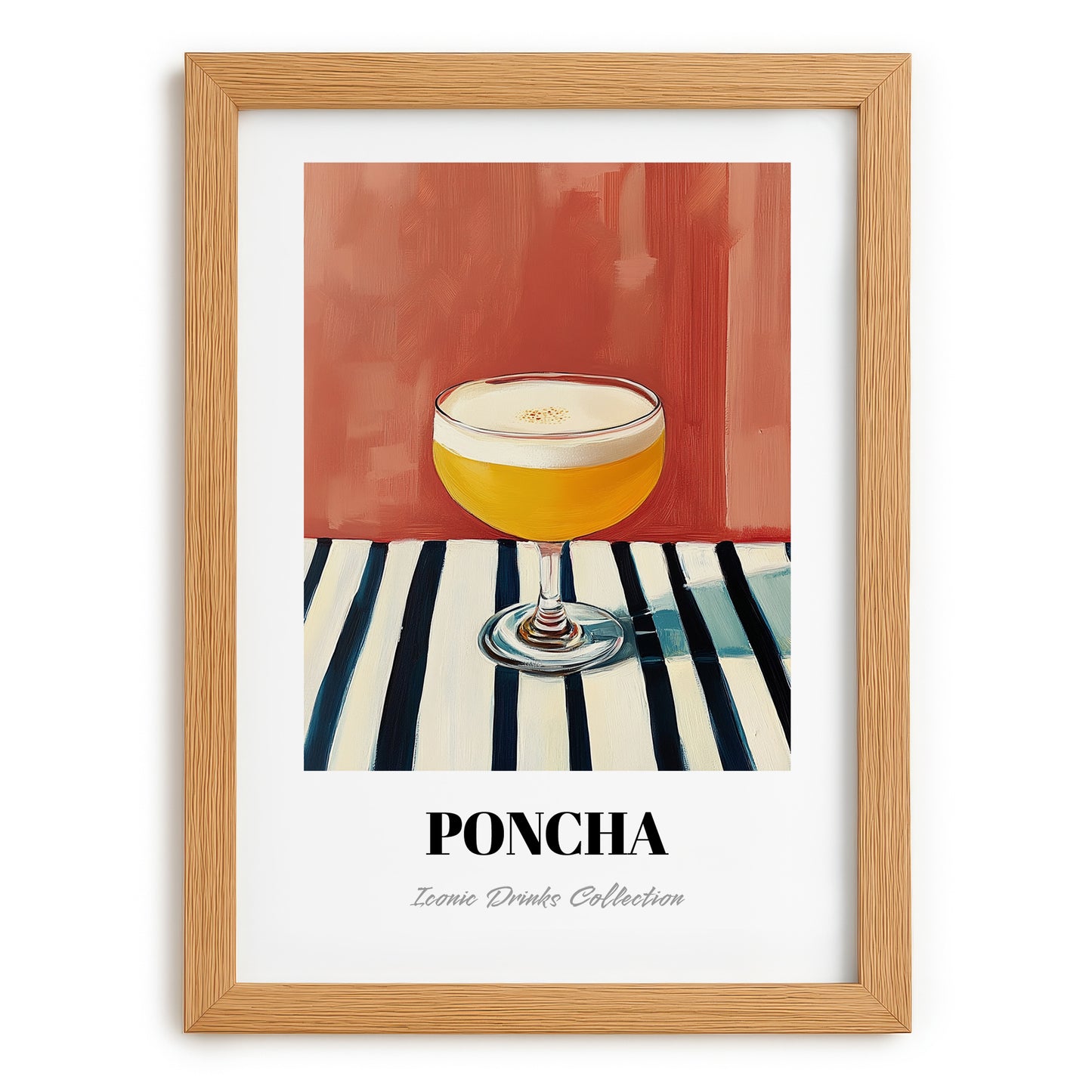 Poncha – on Striped Tablecloth, Portuguese Cocktail Poster, set in oak frame