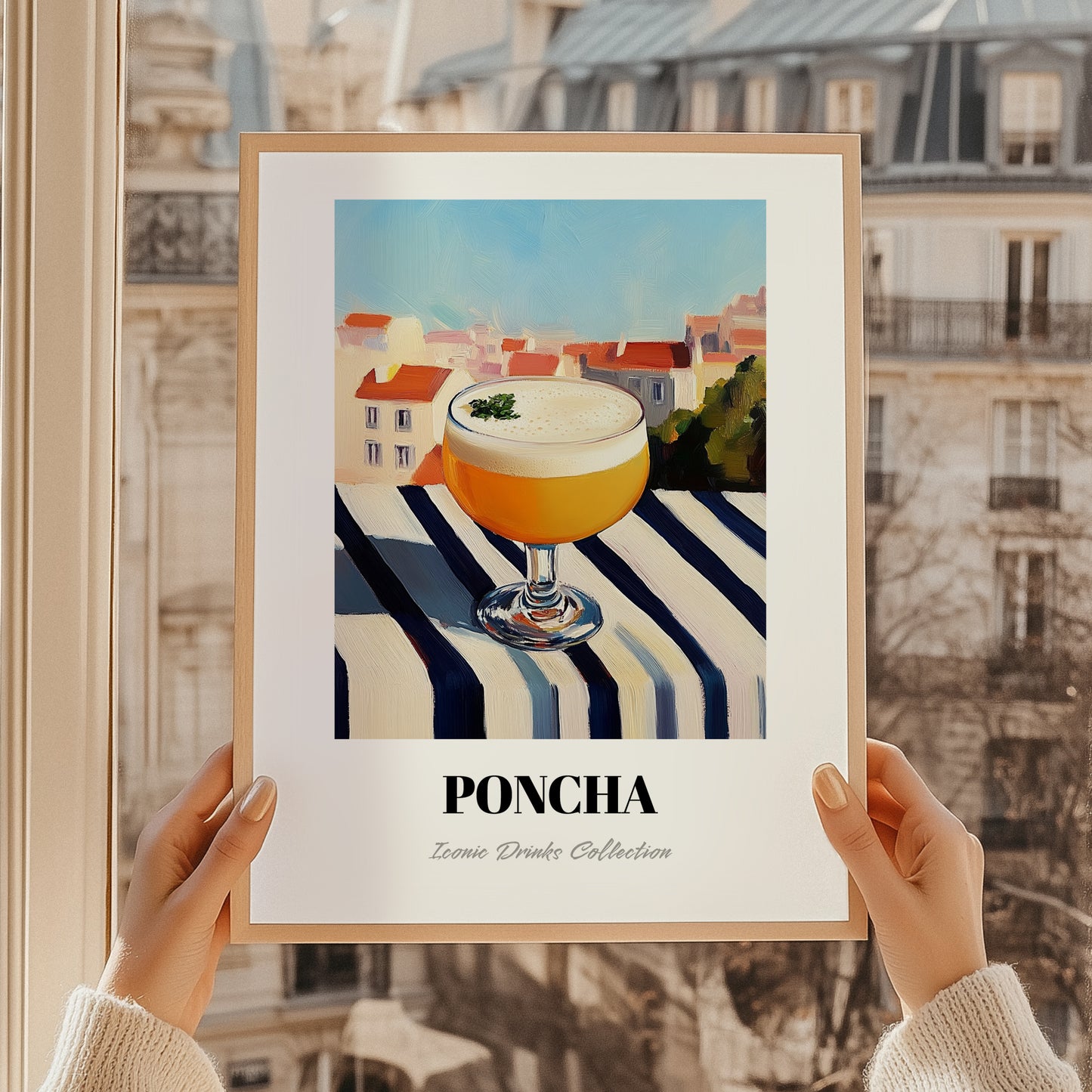 Poncha – Portuguese Outdoor Café Scene, Portuguese Cocktail Painting, styled in a charming Paris street view