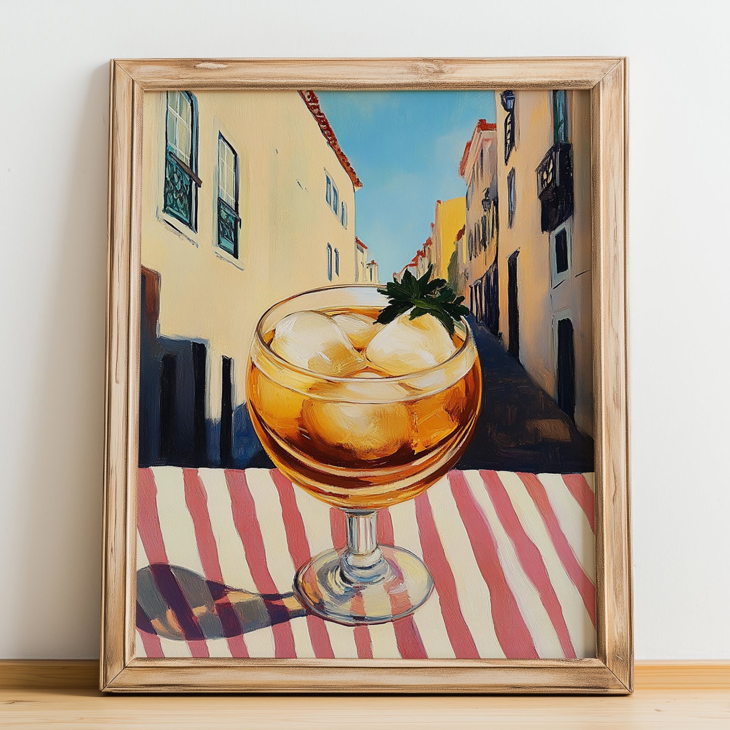 Porto Tónico – Portuguese Outdoor Café Scene, Portuguese Cocktail Illustration, no-text version framed in wood