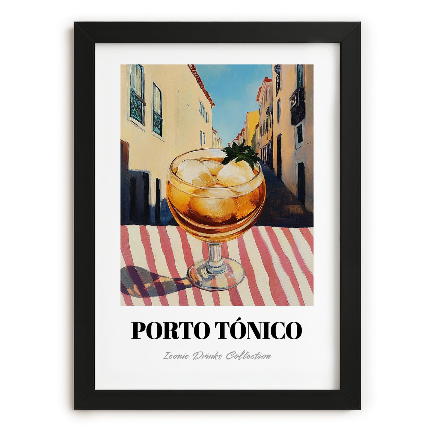 Porto Tónico – Portuguese Outdoor Café Scene, Portuguese Cocktail Illustration, in sleek black frame